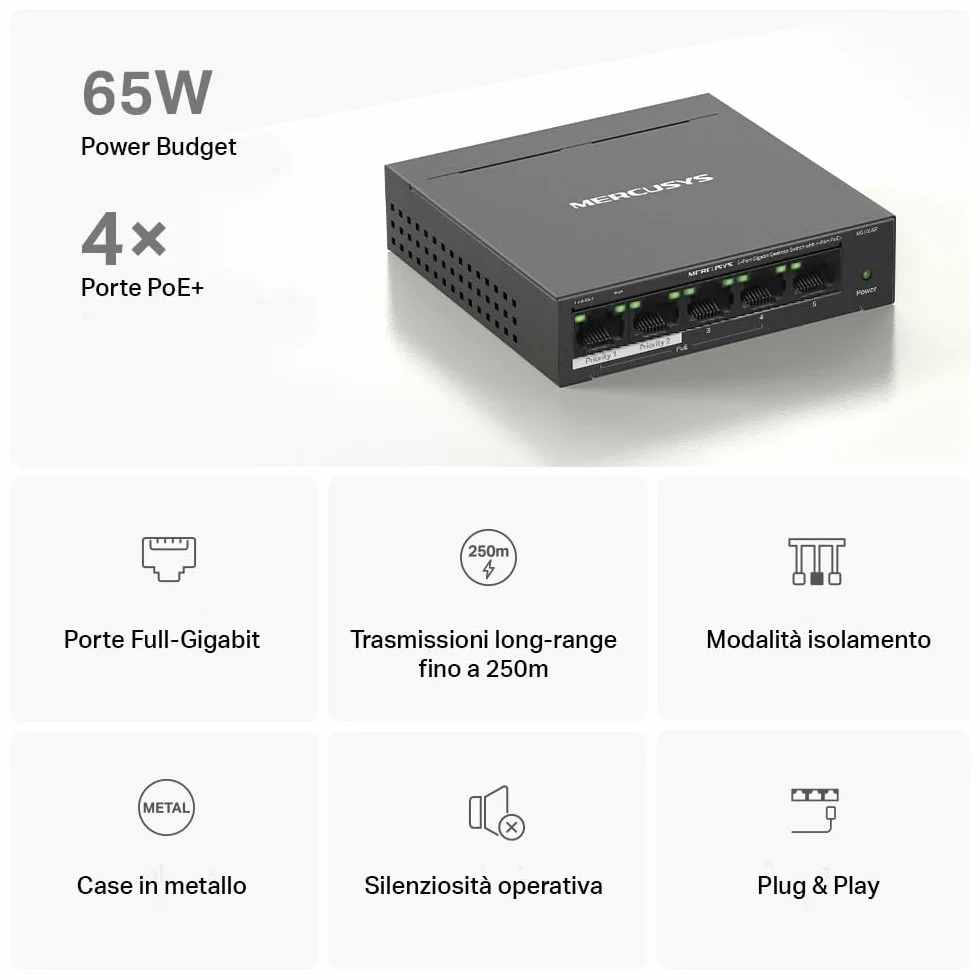 TP-Link Mercusys MS105GP PoE+ Switch 5 Porte Gigabit con 4 PoE+, 30W per Porta PoE, 65W su Tutte le Porte, 802.3af/at, Cassa in Metallo, Durevole e silenzioso, Sdoppiatore Ethernet, Plug&Play