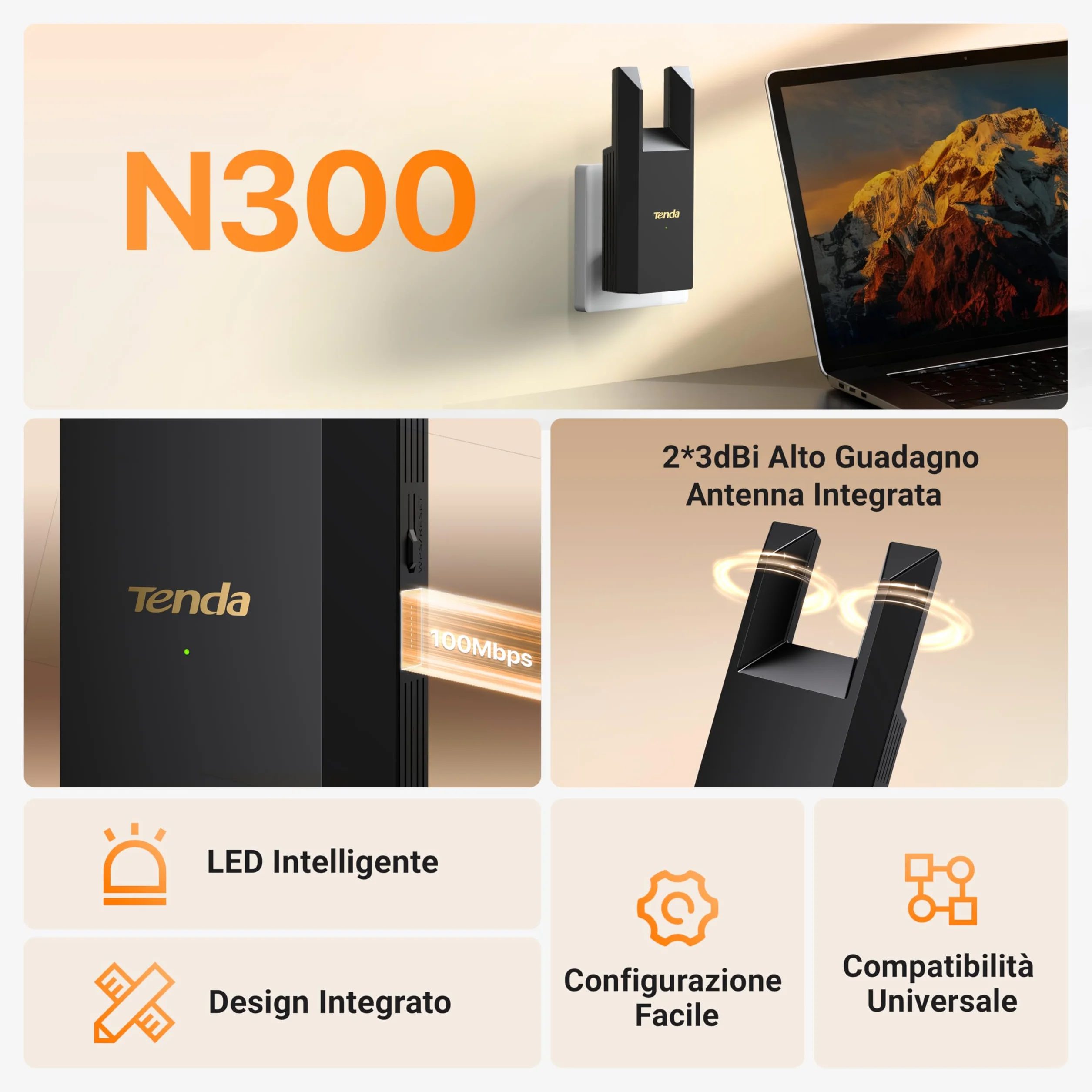 Tenda Ripetitore WiFi Extender e Access Point, Velocità Single Band 300Mbps, Porta Ethernet, Copertura fino a 120 m², Compatibile con i principali modem router WiFi, Nero(R10)