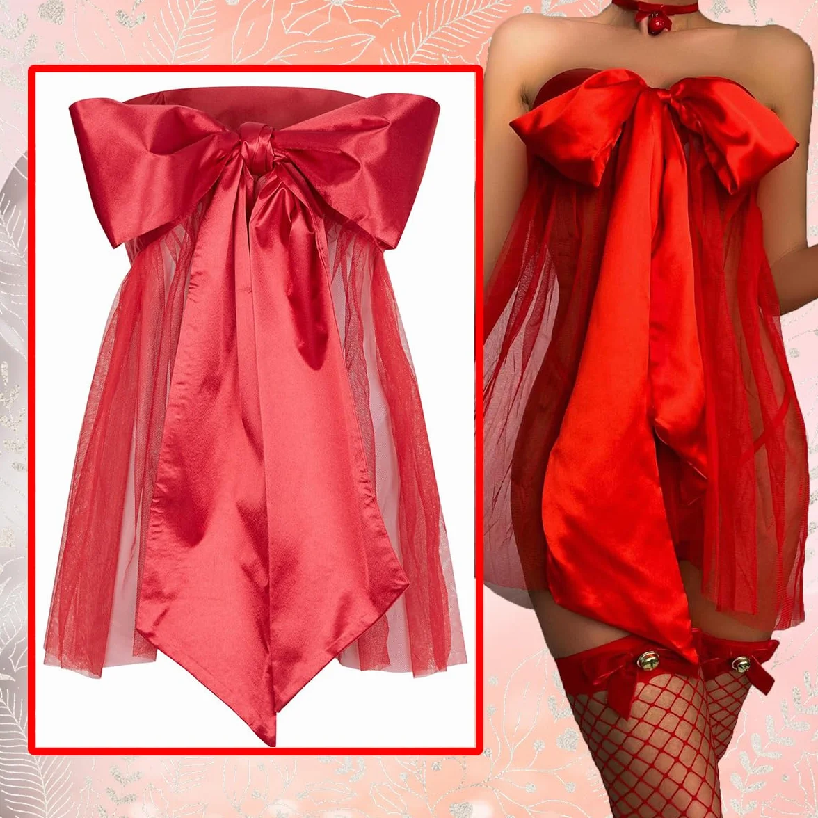 Set Lingerie Sexy Natale Rosso Grande Fiocco Raso Tulle Trasparente Senza Spalline Teddy Costumi