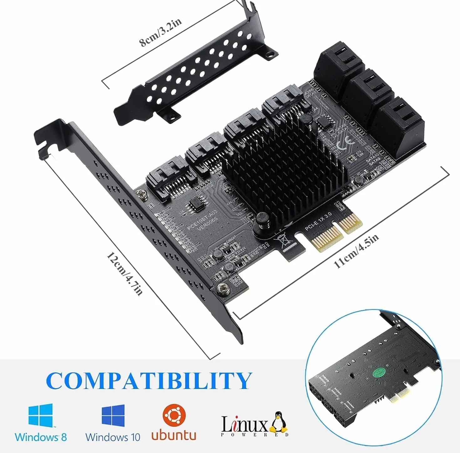 Scheda PCIE 1X SATA a 10 porte,Scheda di espansione PCIe con controller SATA 3.0 da 6 Gbps,Non Raid,Supporto 10 dispositivi 3.0,con supporto a basso profilo e 10 cavi (Chip: ASM1166)
