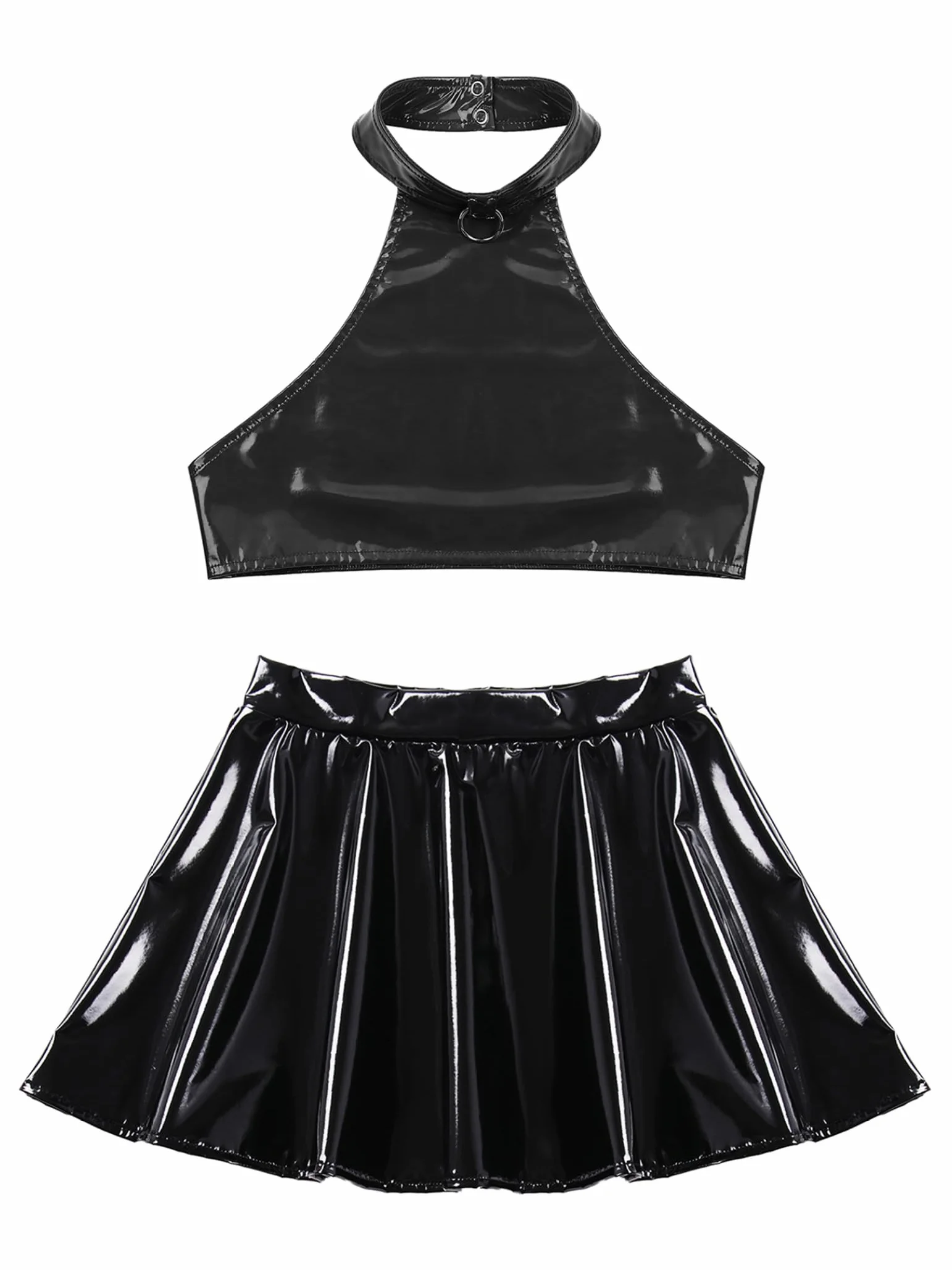 Women Wetlook Latex Lingerie Bustier Crop Top Skater Dress Fetish Party Clubwear