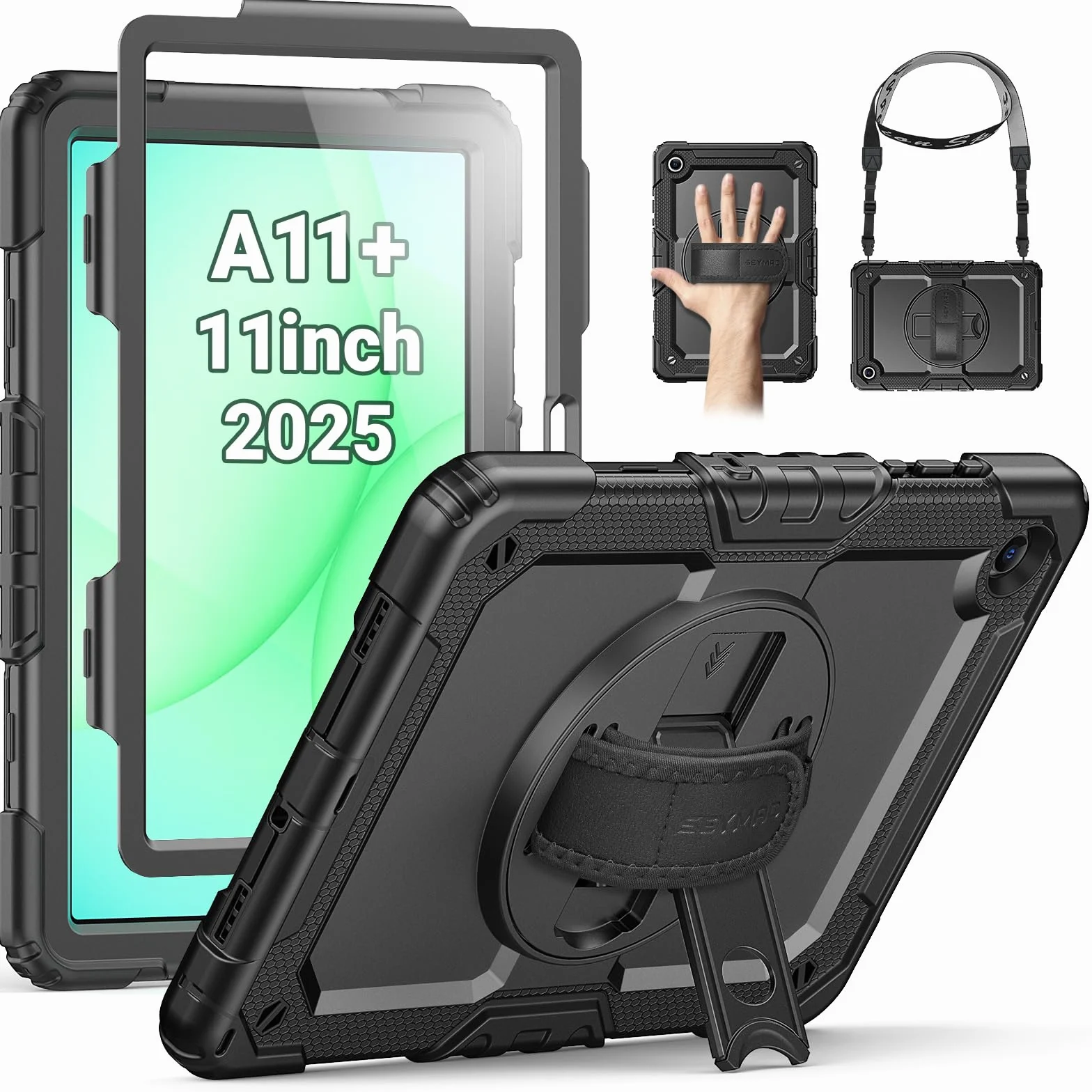 Seymac Custodia Samsung Galaxy Tab A11+ Plus 11" 2025 SM-X230/X235/X236 Antishock Protezione Schermo Supporto Girevole 360° Cinghia Mano Spalla Portastilo Nero
