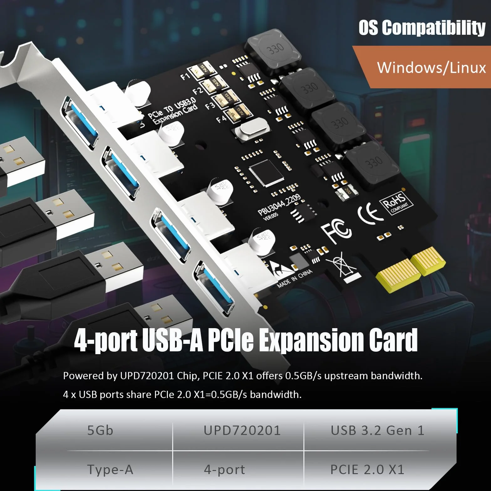 GLOTREND U3044 Scheda di espansione 4 porte PCIe USB A (USB 3.2 Gen 1), compatibile con Windows e Linux (non supporta Mac OS)