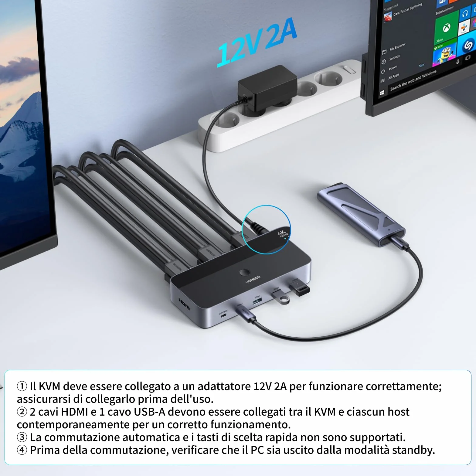 UGREEN Switch KVM HDMI 2.0 2 ingressi 2 uscite 4K 60Hz per 2 PC con 4 porte USB 5Gbps per tastiera, mouse, disco rigido, controller desktop compatibile con Windows, Linux, macOS