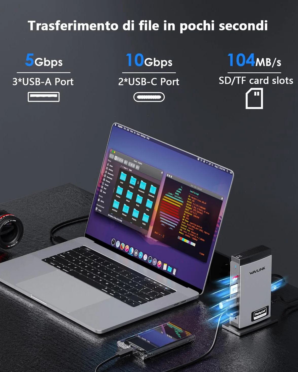 WAVLINK Displaylink Laptop Docking Station con 3 HDMI, USB C Dock Triplo Display 4K+Dual 2K, 100W di ricarica per M1 M2 M3 M4 M5 Mac/Windows, 2DP, 5 porte USB, Ethernet, Compatibile con MacBook Neo