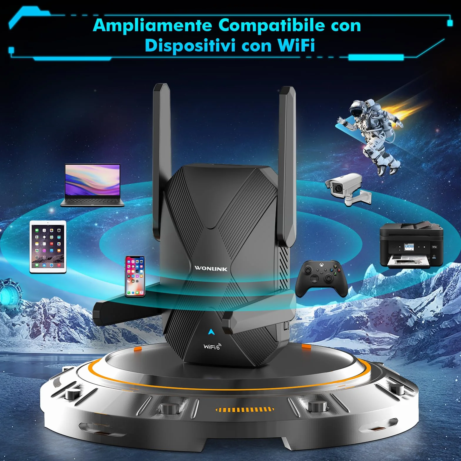 Ripetitore WiFi 6 AX1500Mbps Dual Band, Amplificatore Segnale WiFi con 4 Antenne, Porta LAN/WAN, WPS, MU-MIMO, WPA3, Modalità Ripetitore/Router/AP, Indicatore di Segnale, per Casa e Ufficio