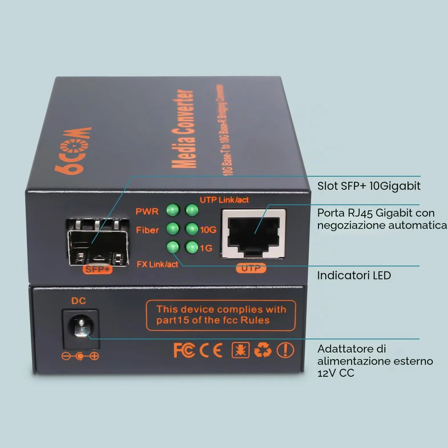 6COM GIGA - Convertitore multimediale in fibra da 10G SFP a RJ45, 1 slot RJ45 per negoziazione automatica da 1000 M/2,5 G/5G/10GBase-T a 1 slot SFP+ 10GBase-X, supporto ricetrasmettitore 10GBase-SR/LR