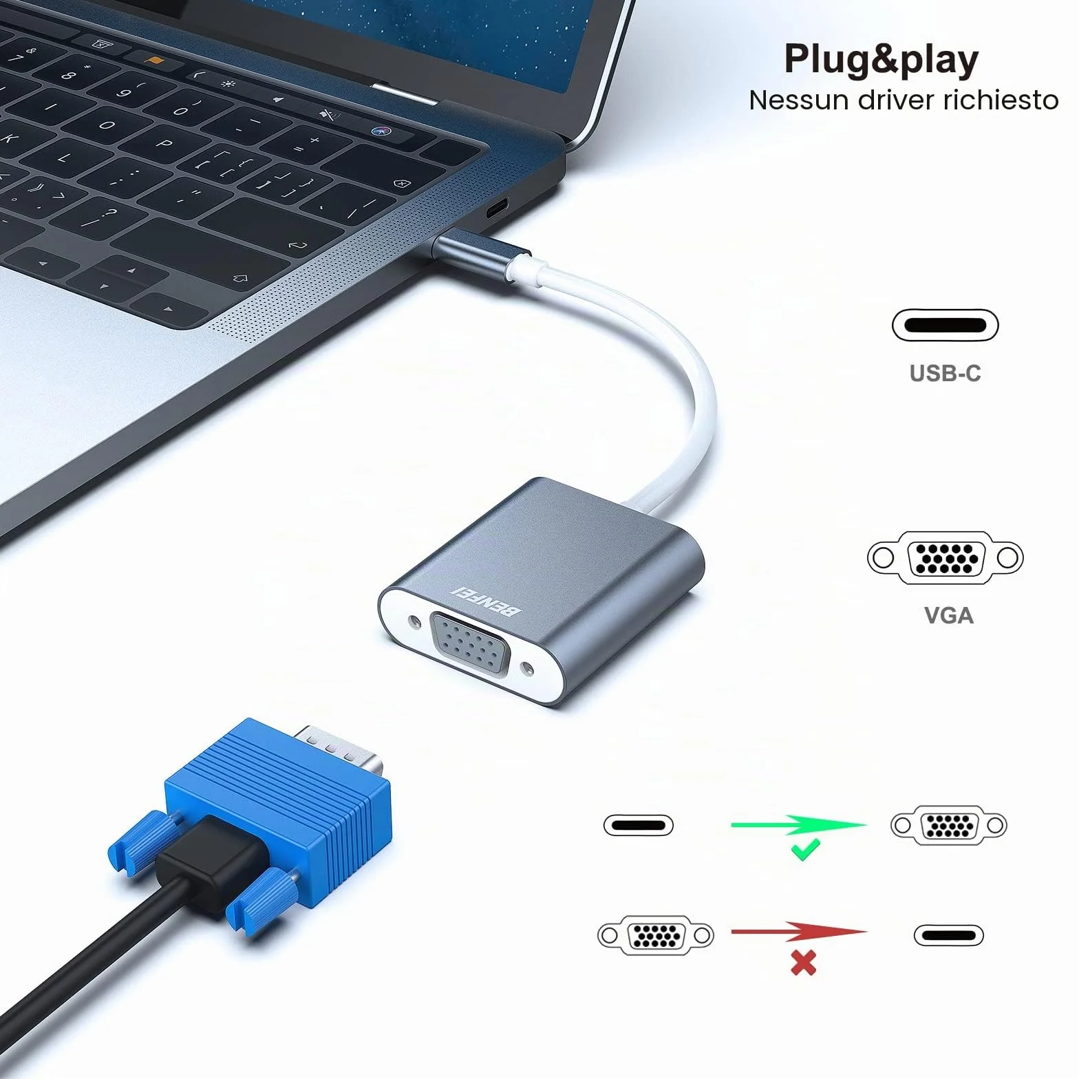 BENFEI Adattatore USB C a VGA Thunderbolt 3, Maschio a Femmina, Alluminio, per MacBook 2019/2018/2017