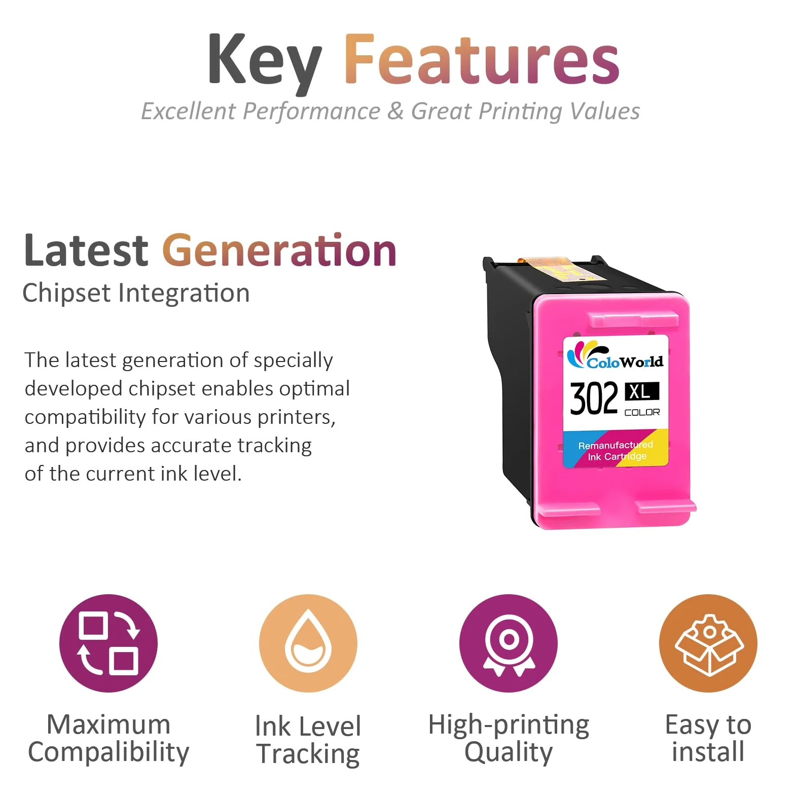 ColoWorld 302 cartucce per stampanti, 302XL rigenerate per HP 302 cartucce compatibili con le stampanti HP OfficeJet 3832 3830 3831 4650, Envy 4520, DeskJet 3630 1110 2130 (1 colore)