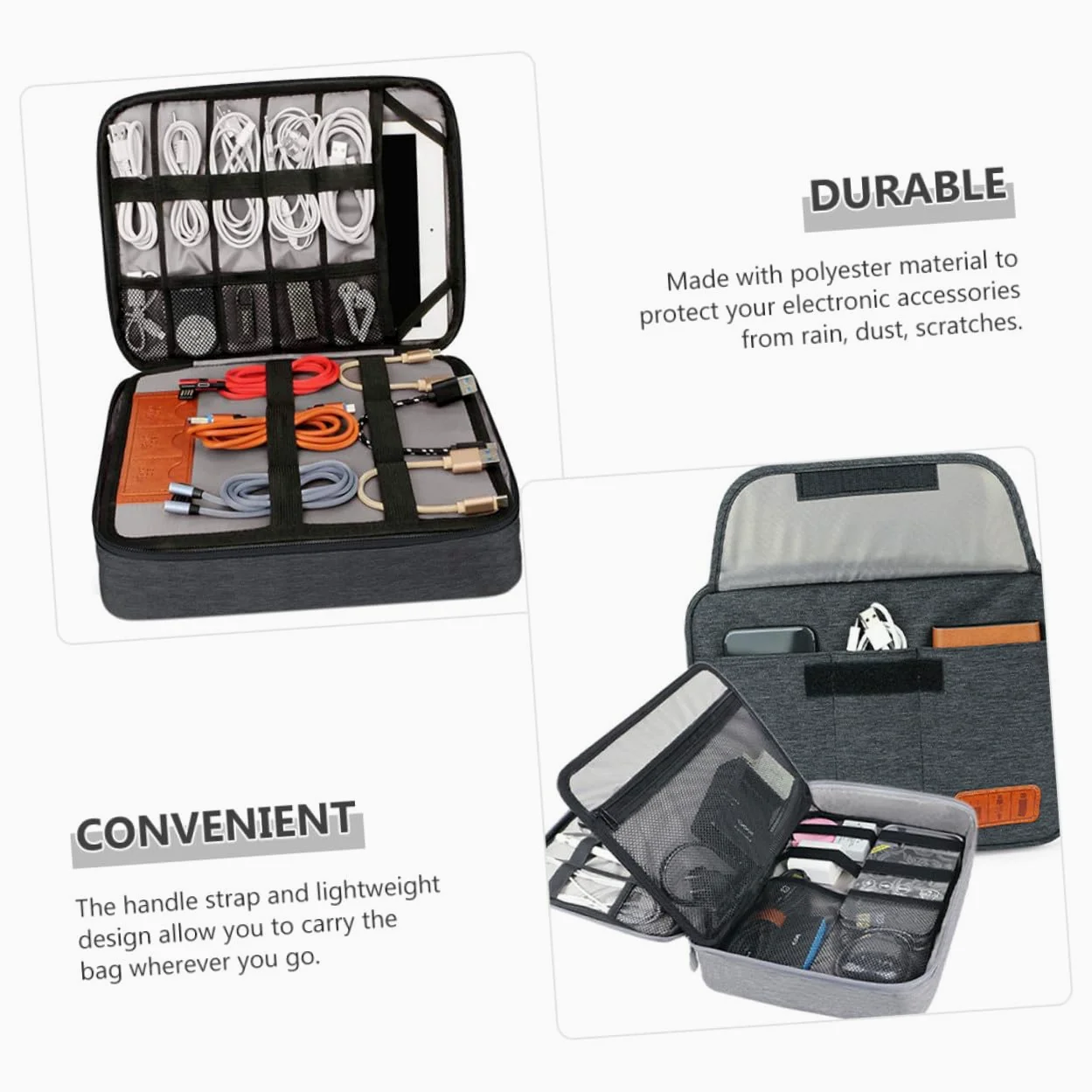 POPETPOP Borsa Organizer Cavi Elettronici Doppio Grande Capacità con Tasche per Telefoni e Tablet Fino Custodia Leggera da Viaggio con Manico Adatta per Accessori Digitali e Caricatori