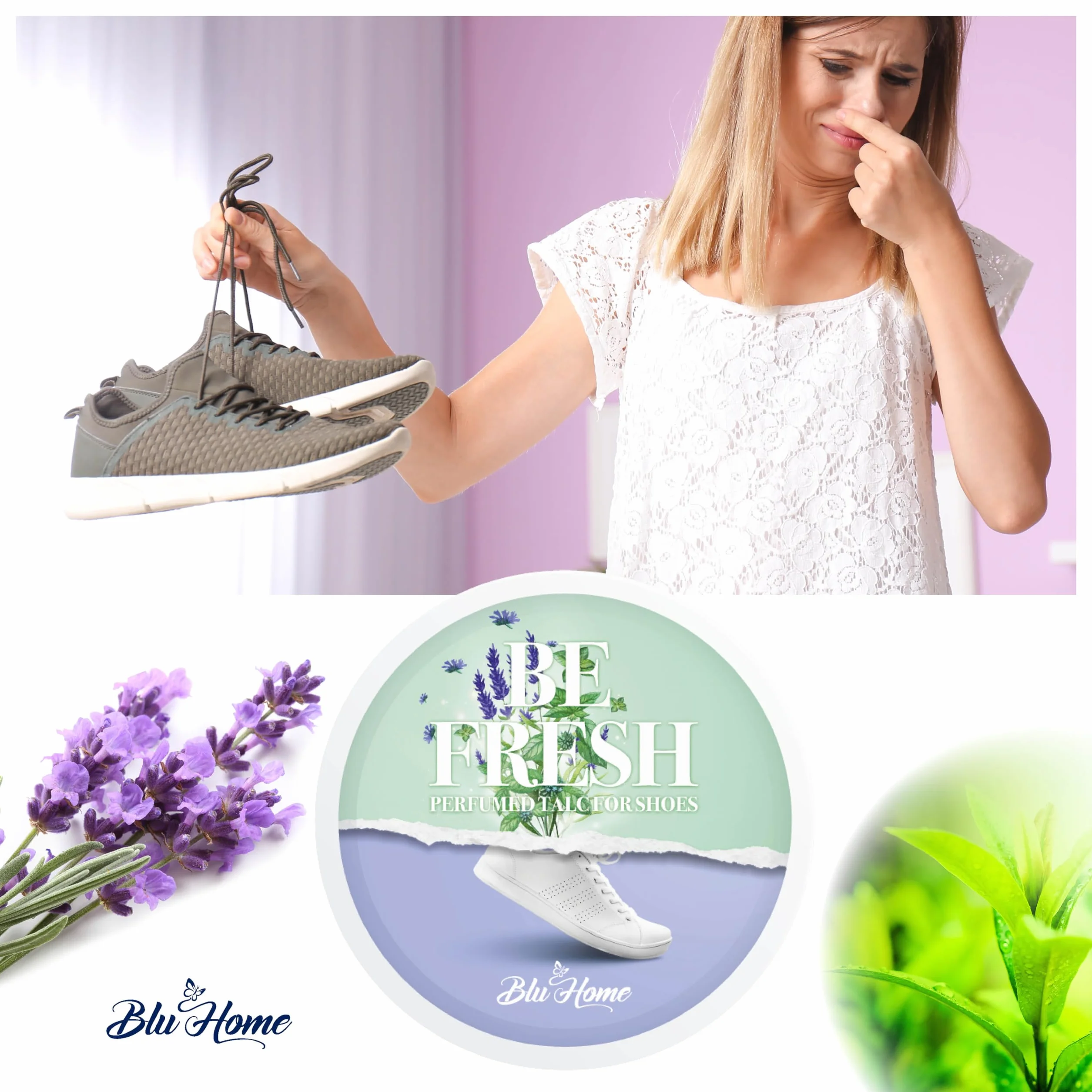 Blu Home BE FRESH Talco Elimina Odori per Scarpe Profuma Scarpe con Oli Essenziali 100% Naturali 100 g