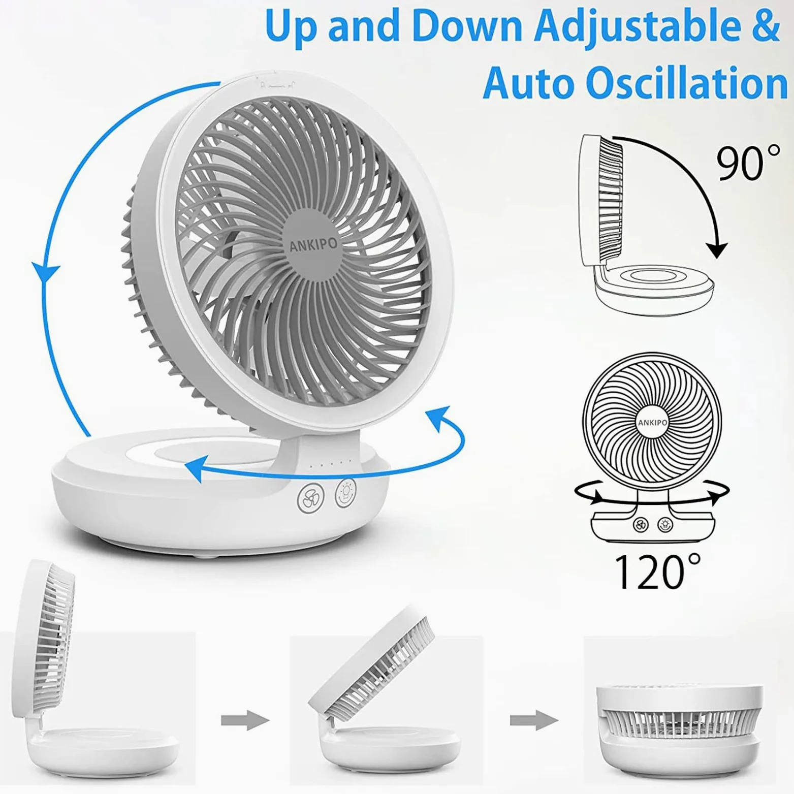 Ventilatore Portatile, con Telecomando Ventilatore da Tavolo E da Pavimento con 4 Impostazioni di velocità, Altezza Regolabile E Pieghevole Ventilatori USB con Luce Notturna,Bianca