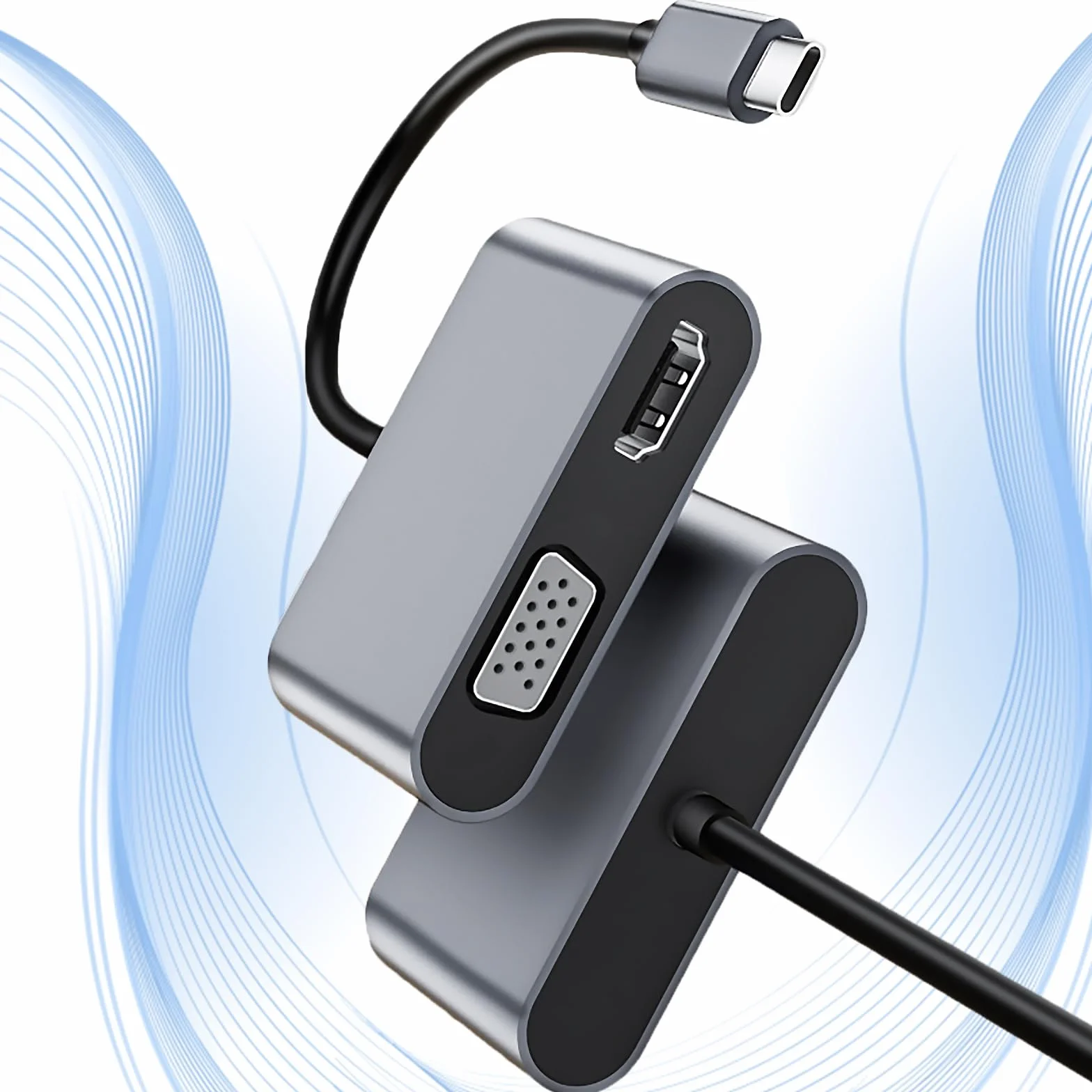 Adattatore VGA da USB C a HDMI, hub 2 in 1, Plug & Play|Nessun driver necessario, compatibile con MacBook/Dex/Switch/Yoga/Laptop/Tablet, Convertitore USB-C a HDMI e VGA (grigio)