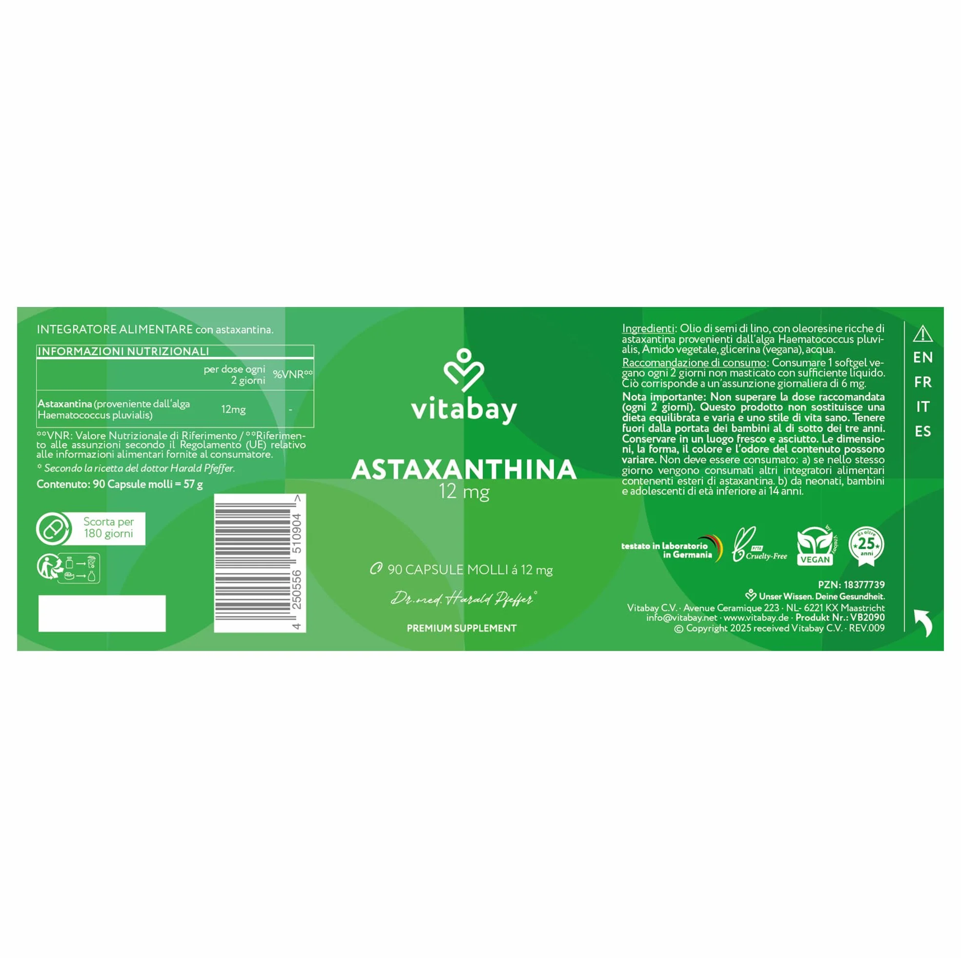 Vitabay Astaxantina 12 mg 90 capsule softgel vegane estratto di alga Haematococcus pluvialis