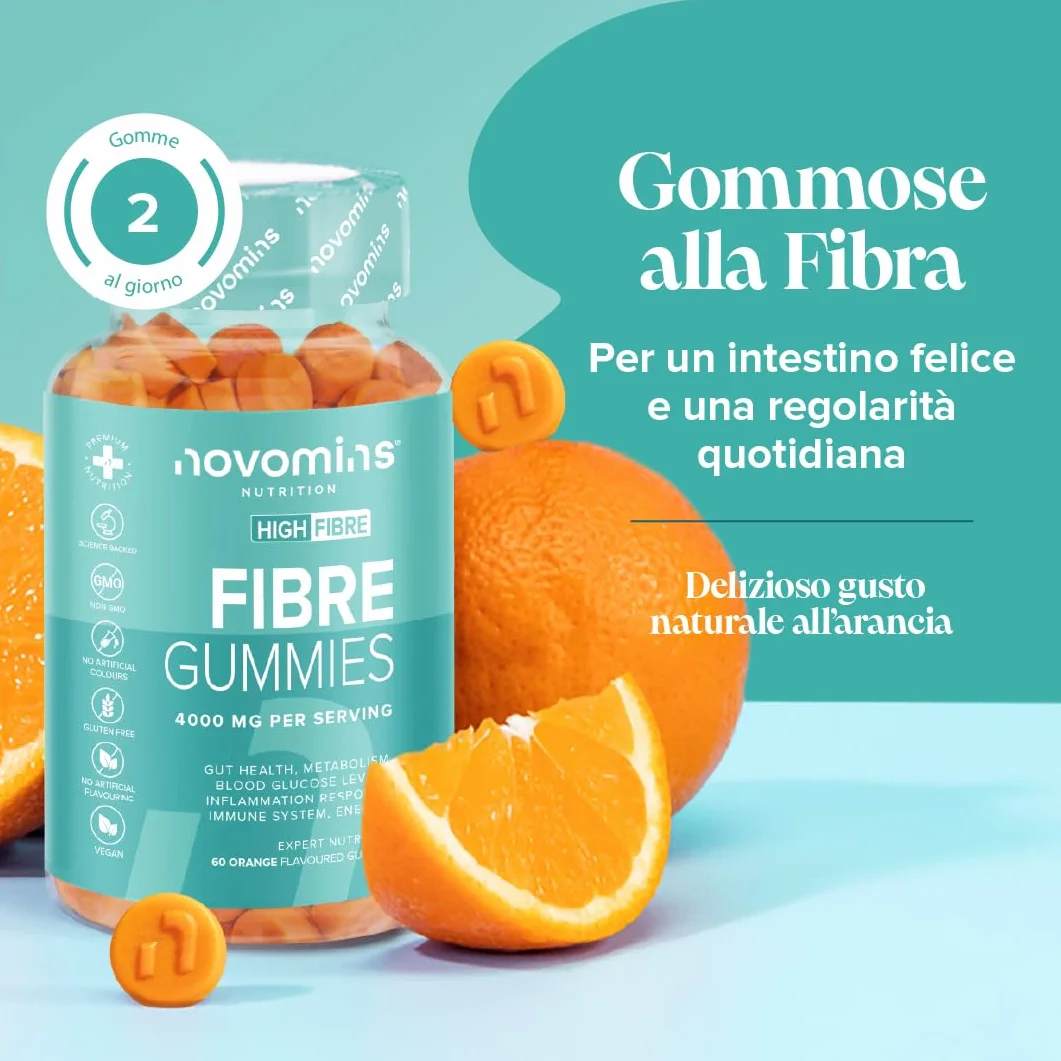 Novomins Fibre Gommose 4000 mg Inulina con Calcio, Cromo, Vitamina D e B12 - 60 Gommose Gusto Arancia