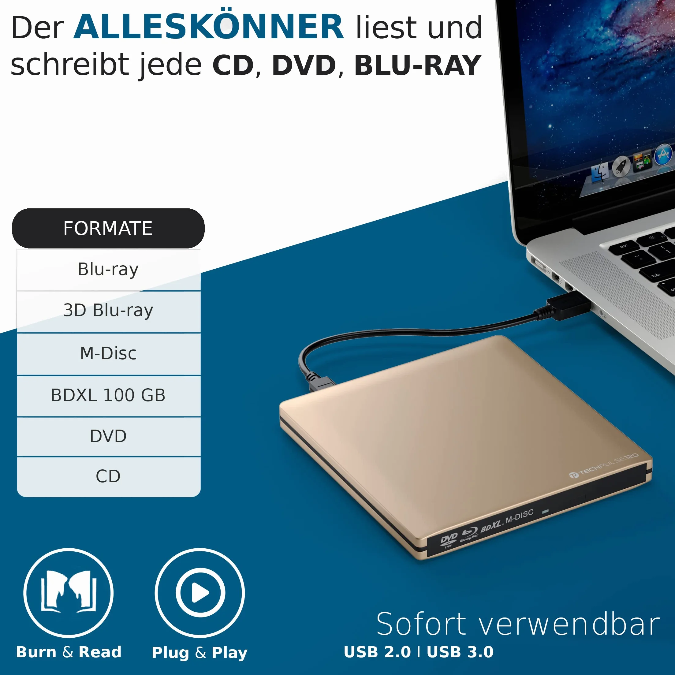 techPulse120 USB 3.0 3D Scrittore Lettore Blu-Ray BD BDXL M-Disc Masterizzatore Esterno Unità Blueray DVD CD Burner CD/DVD Esterna Oro