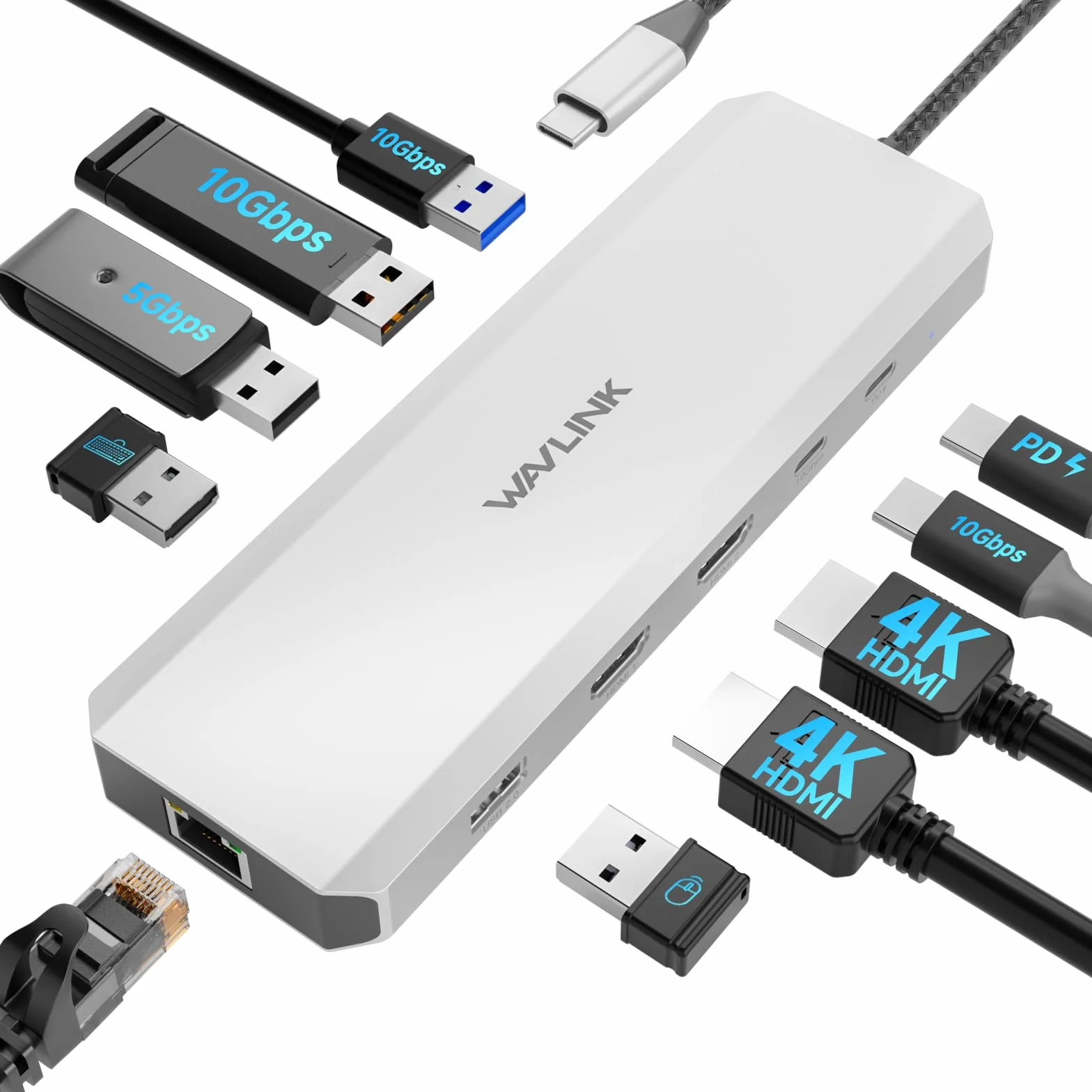 WAVLINK Docking station per laptop, Hub USB C 10G con doppio HDMI, PD in 100W, USB-A/C 3.2 10Gbps, USB-A 5Gbps, USB2.0, Gigabit Ethernet per Dell/HP/Lenovo ecc, solo computer Windows Systerm