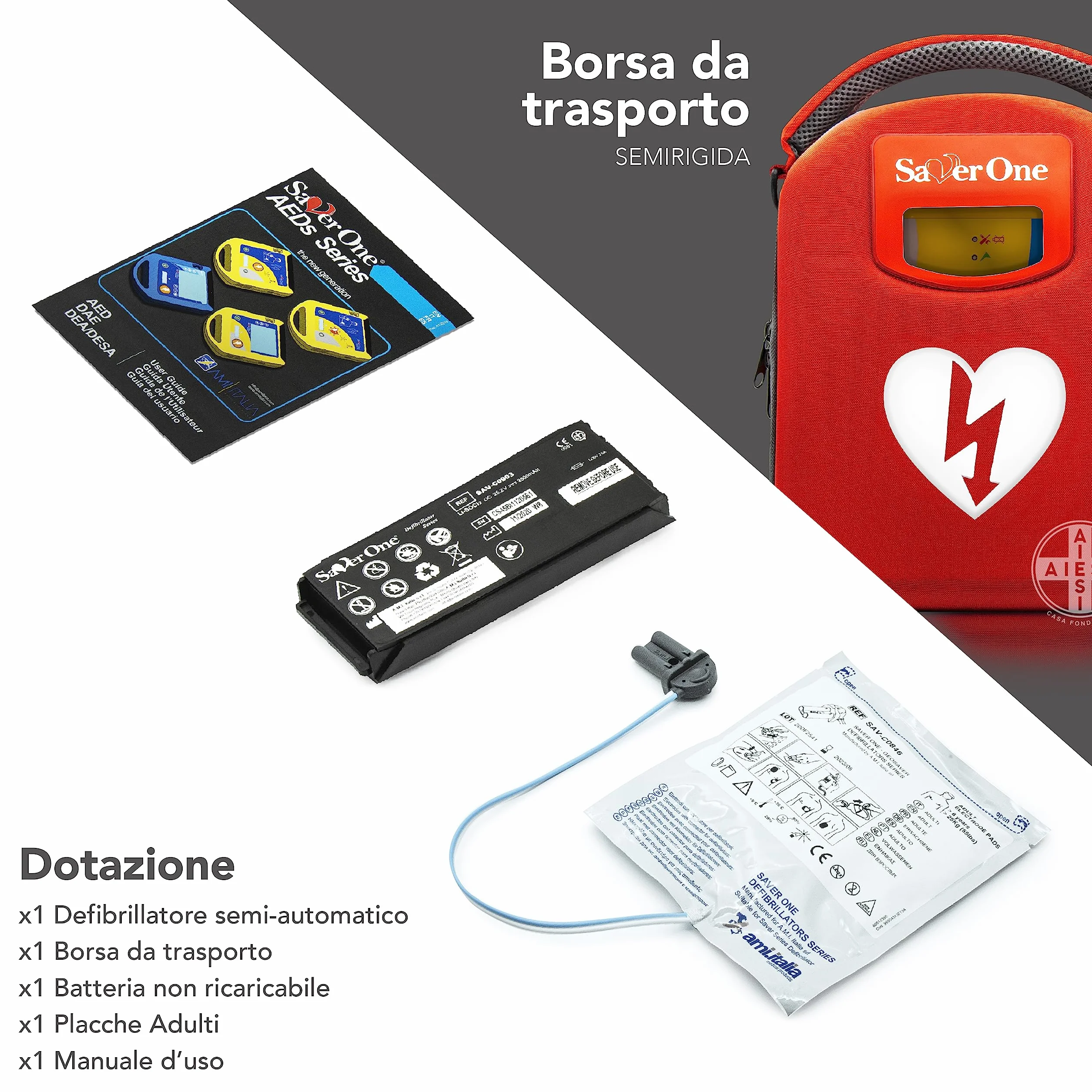 AMI ITALIA® Defibrillatore semiautomatico SAVER ONE z baterią nieladowalną i parą elektrod dla dorosłych, Gwarancja 6 lat, Made in Italy