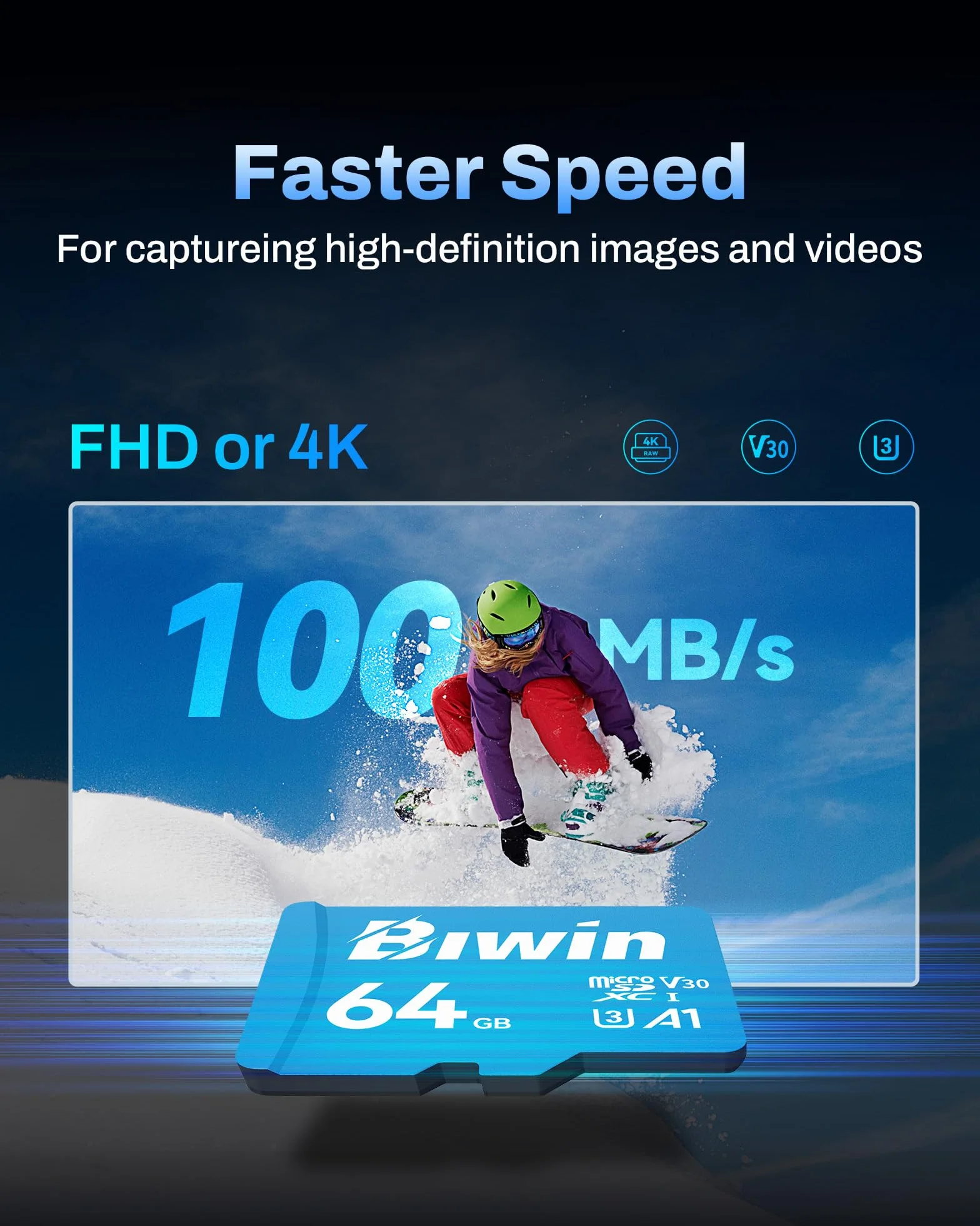 Biwin MS100 MicroSDXC UHS-I scheda di memoria 64 GB – Lettura fino a 160 MB/s – A1 V30 U3 4K UHD video per la registrazione video di smartphone/tablet/fotocamera digitale Canon Sony