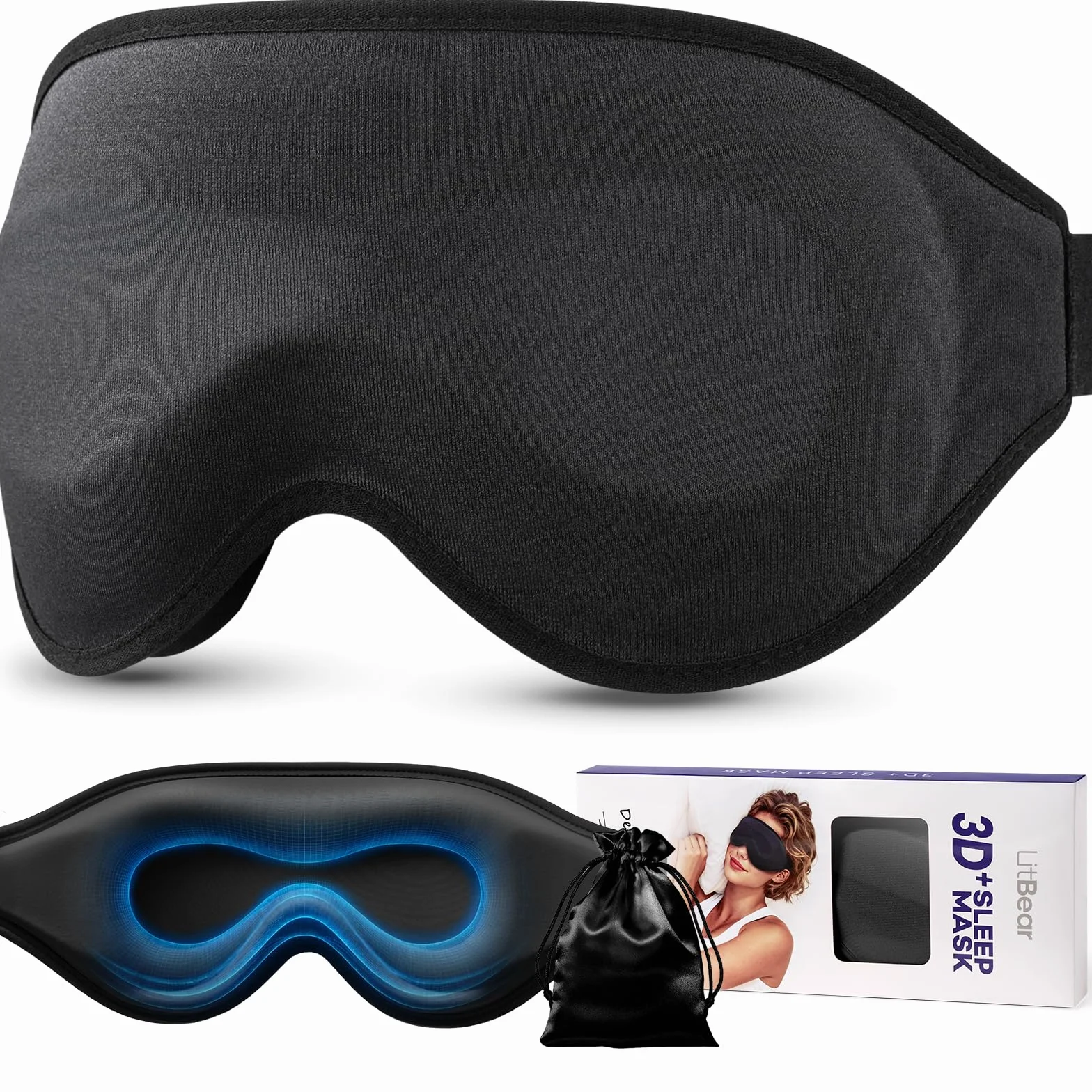 LitBear Maschera per Dormire 3D con Oscuramento Totale, Nera