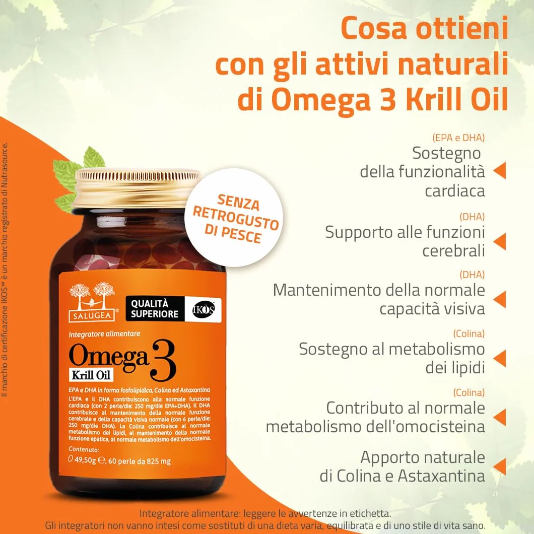 Salugea OMEGA 3 KRILL OIL IKOS 60 Perle Olio di Krill Antartico EPA DHA Astaxantina Colina