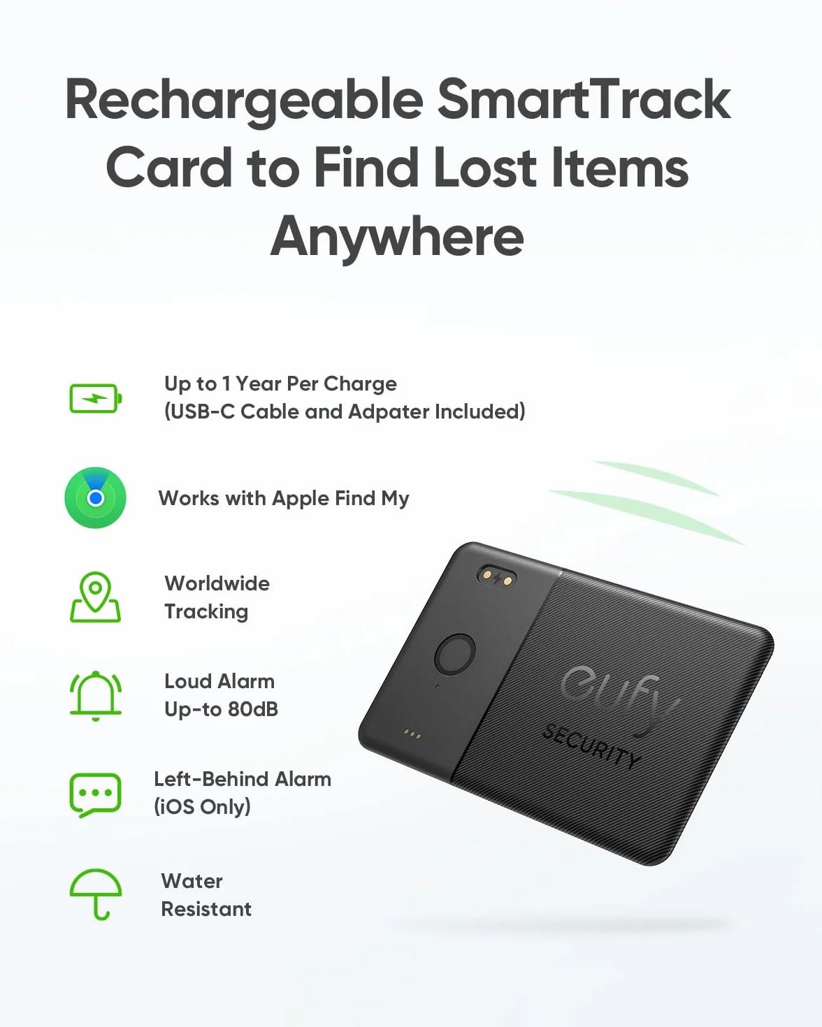 eufy Security SmartTrack Card E30, ricaricabile, compatibile con Apple Find My (solo iOS), localizzatore Bluetooth, perfetto per portafoglio, passaporto e laptop, resistente all’acqua