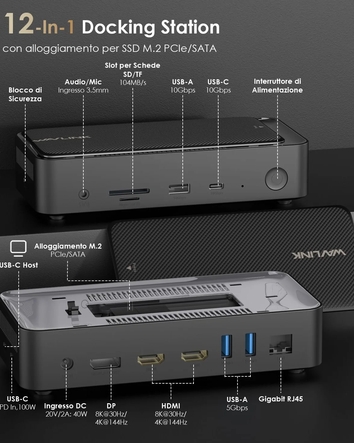WAVLINK 12 in 1 Docking Station 3 Monitor per Windows e Mac OS, con 8K a 30 Hz HDMI/DP,con Alloggiamento SSD M.2 PCIe/SATA, Supporto Power Delivery da 100 W, USB-C/A, SD/TF, Gigabit