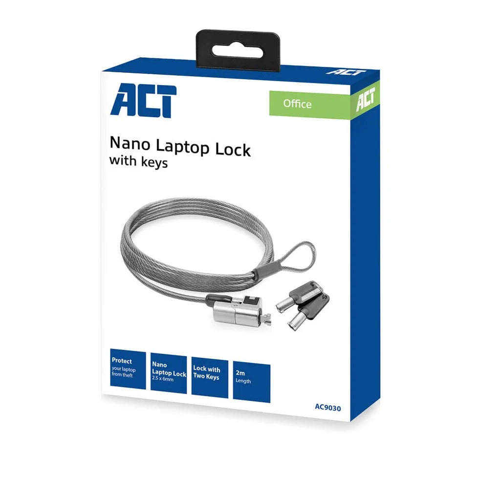 ACT AC9030 - Cavo di sicurezza per computer portatile, 2 m, slot per computer portatile, serratura per laptop, cavo antifurto
