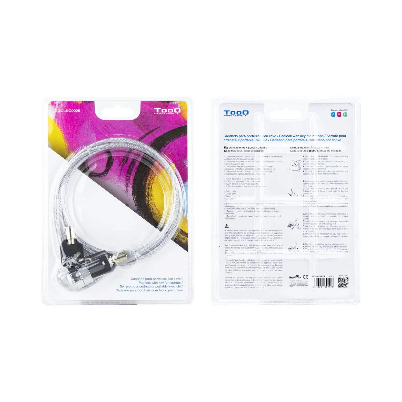 TOOQ TQCLKC0025 - Cavo di sicurezza per laptop con chiave, argento, 1,5 metri