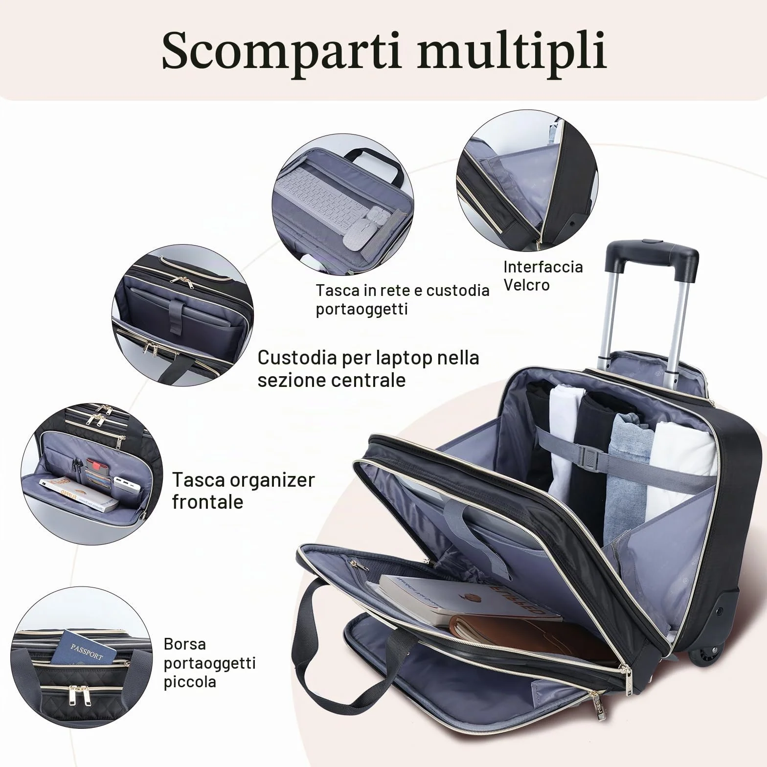 Trolley per Laptop da Lavoro con Ruote, Impermeabile, Bagaglio a Mano 15,6", Valigetta da Viaggio Nero