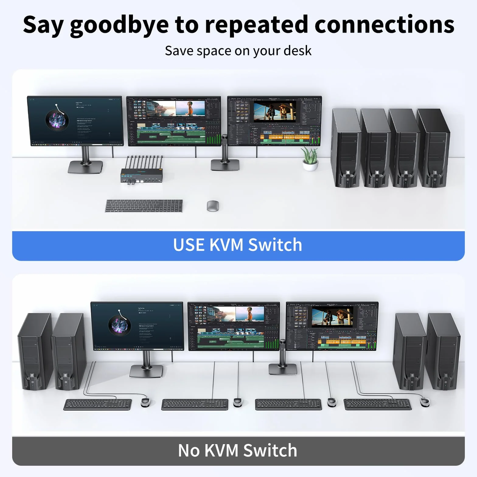 8K KVM Switch 4 PC 3 Monitor 4K @144Hz 8K@60Hz, HDMI 2.1+ 2 DisplayPort 1.4 KVM Switch 4 porte per 4 computer condividono 3 monitor e 4 dispositivi USB, doppio monitor kvm con Wired Remote e 4 cavi
