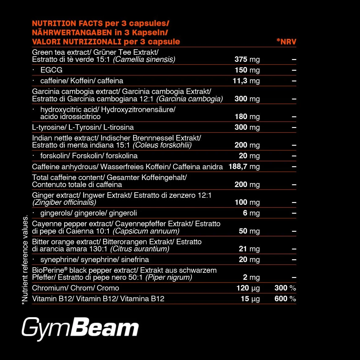GymBeam FueBurn Bruciagrassi Termogenico Integratore Dimagrante con Tè Verde, Caffeina e Sinefrina, 60 Capsule