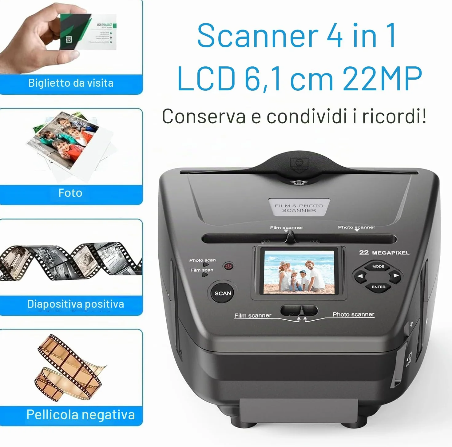 Scanner per diapositive e negativi, Converte 135 diapositive da 35 mm/135 film negativi, foto, biglietto da visita per immagini digitali da 22 MP, Scanner-Foto-Diapositive-Negativi-Digitale