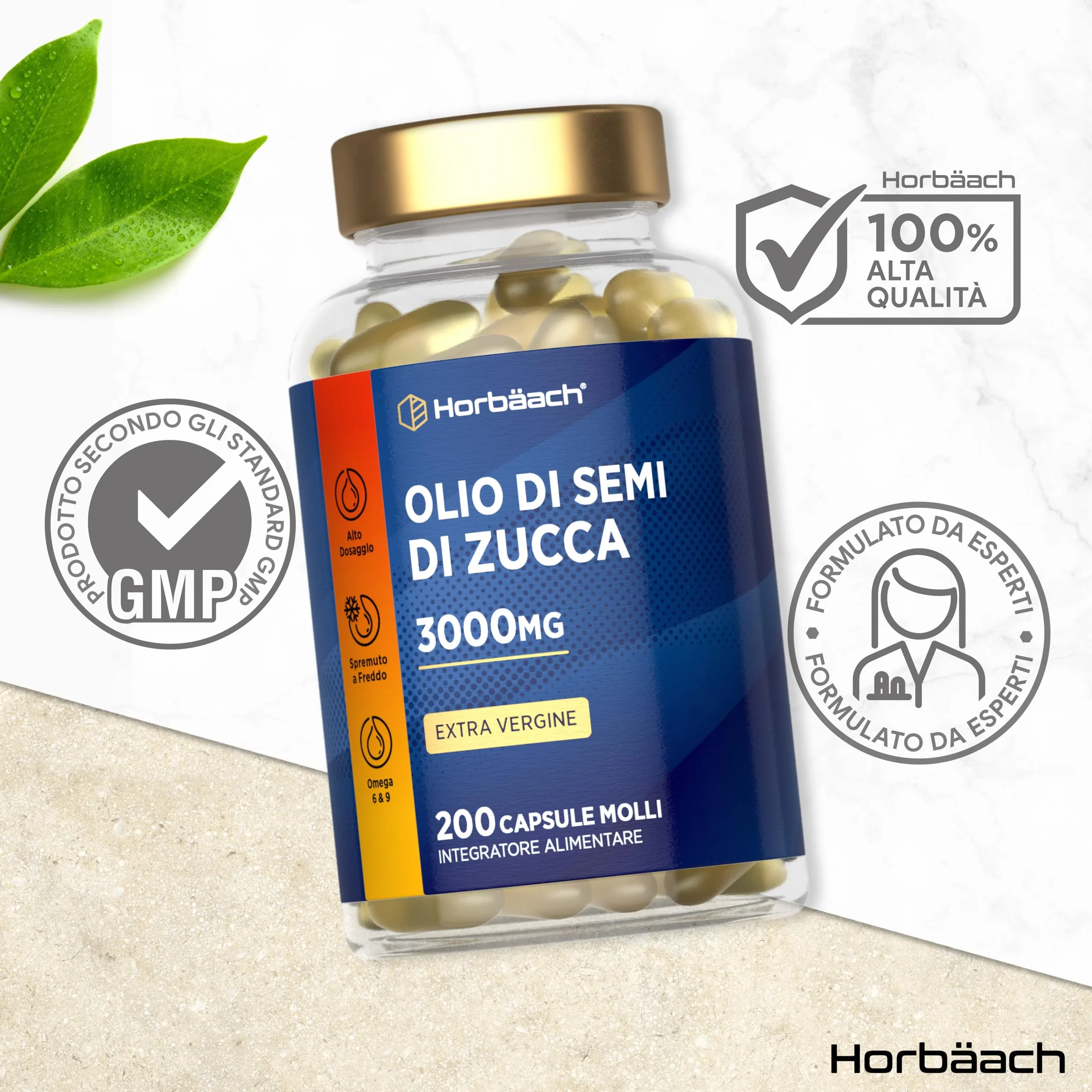 Olio di Semi di Zucca Capsule 3000 mg Horbaach Integratore 200 capsule molli