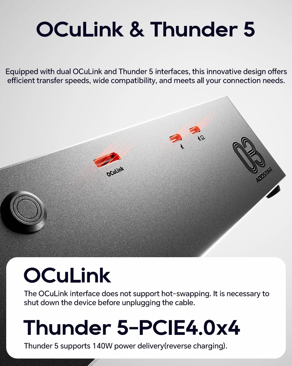 AOOSTAR AG03 eGPU Dock esterno con OCuLink & 2 × Thunderbolt 5 (80Gbps), PCIe 4.0 x4, 140W PD, uscita video DP 2.1, alimentatore 800W integrato, GPU fino a 500W, Gaming, Video, Home Office