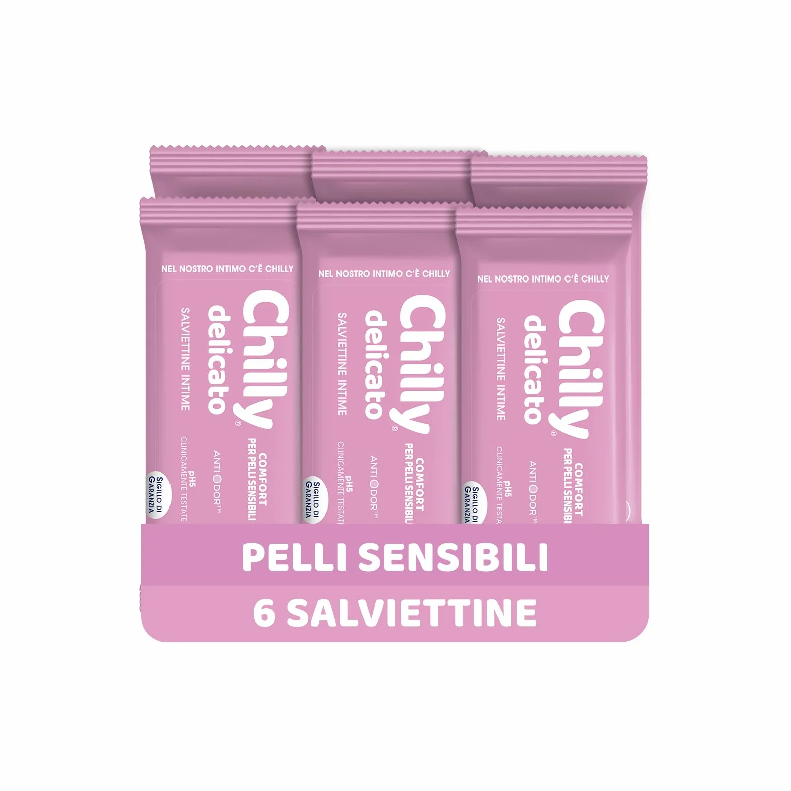 Chilly Salviettine Delicate, Salviette per l'Igiene Intima, PH 5, Confezione da 6 Pezzi