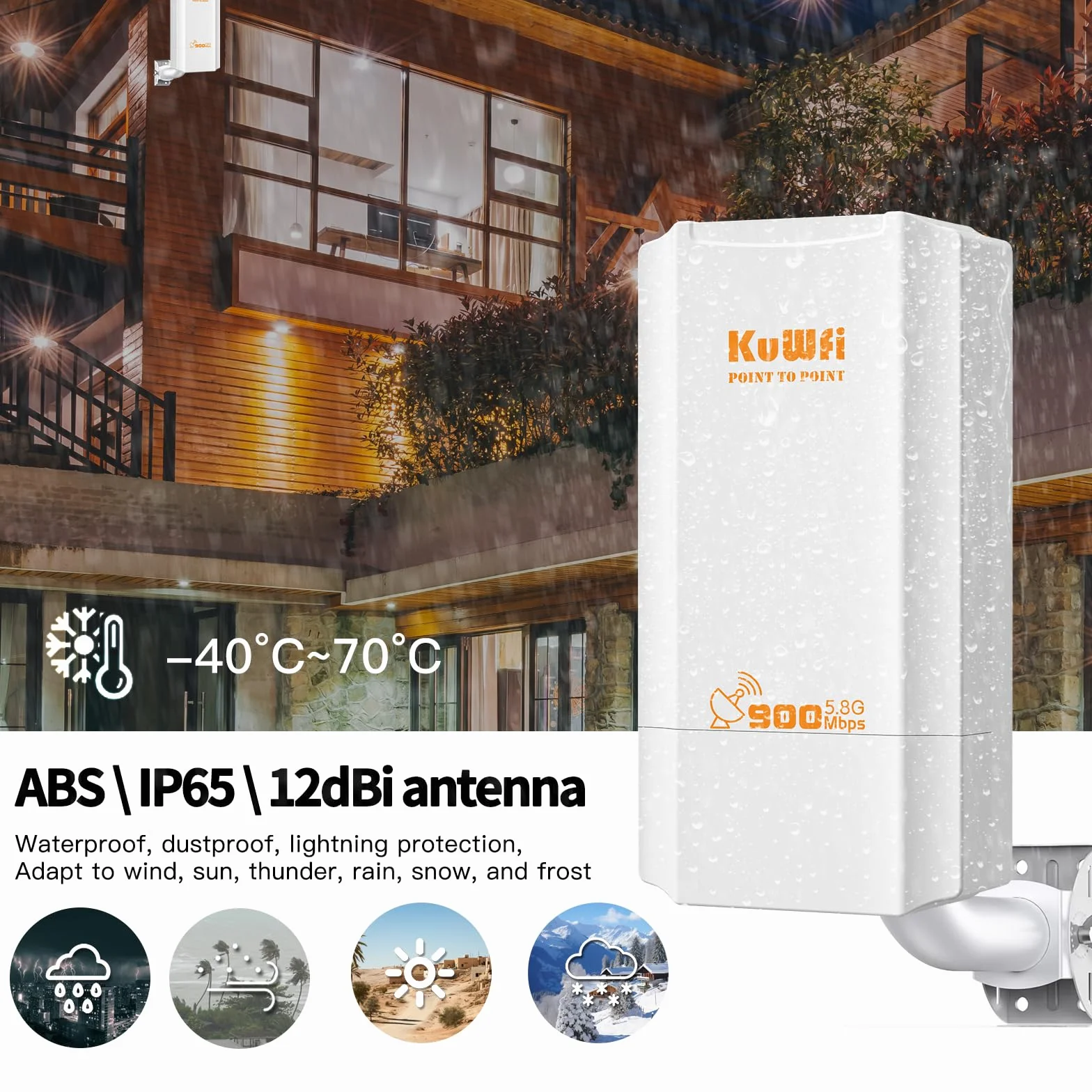 KuWFi Ponte Wireless Esterno, 5.8G Wireless Bridge 900Mmbps, 12dBi antenna wifi lunga distanza con display a LED, Soluzione di Trasmissione 2KM, Accesso Point wifi per telecamera/Industriale