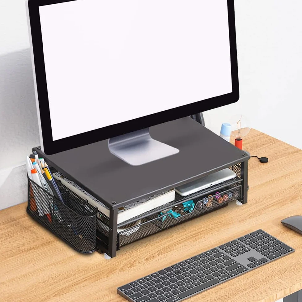Supporto per monitor per computer a 2 livelli con cassetto e 2 portapenne, organizer da ufficio, supporto per monitor, accessori da scrivania per ufficio