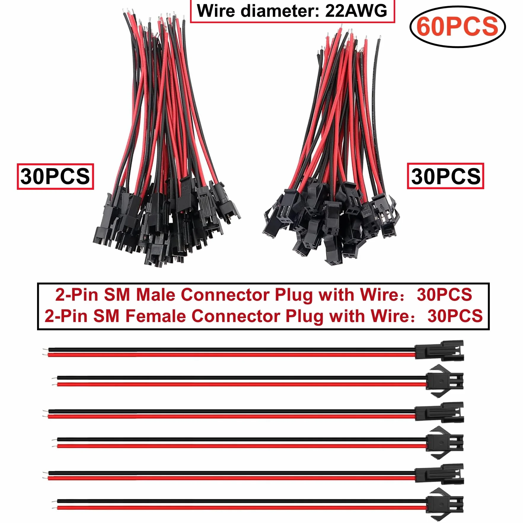 30 Paia JST SM 2 Pin Plug Maschio a Femmina Cavo Adattatore,22 AWG JST 2-Pin Adattatore Micro Elettrico Spina,Connettore Maschio e Femmina,con 150 mm Cavo,Elettrico Filo per Luce LED