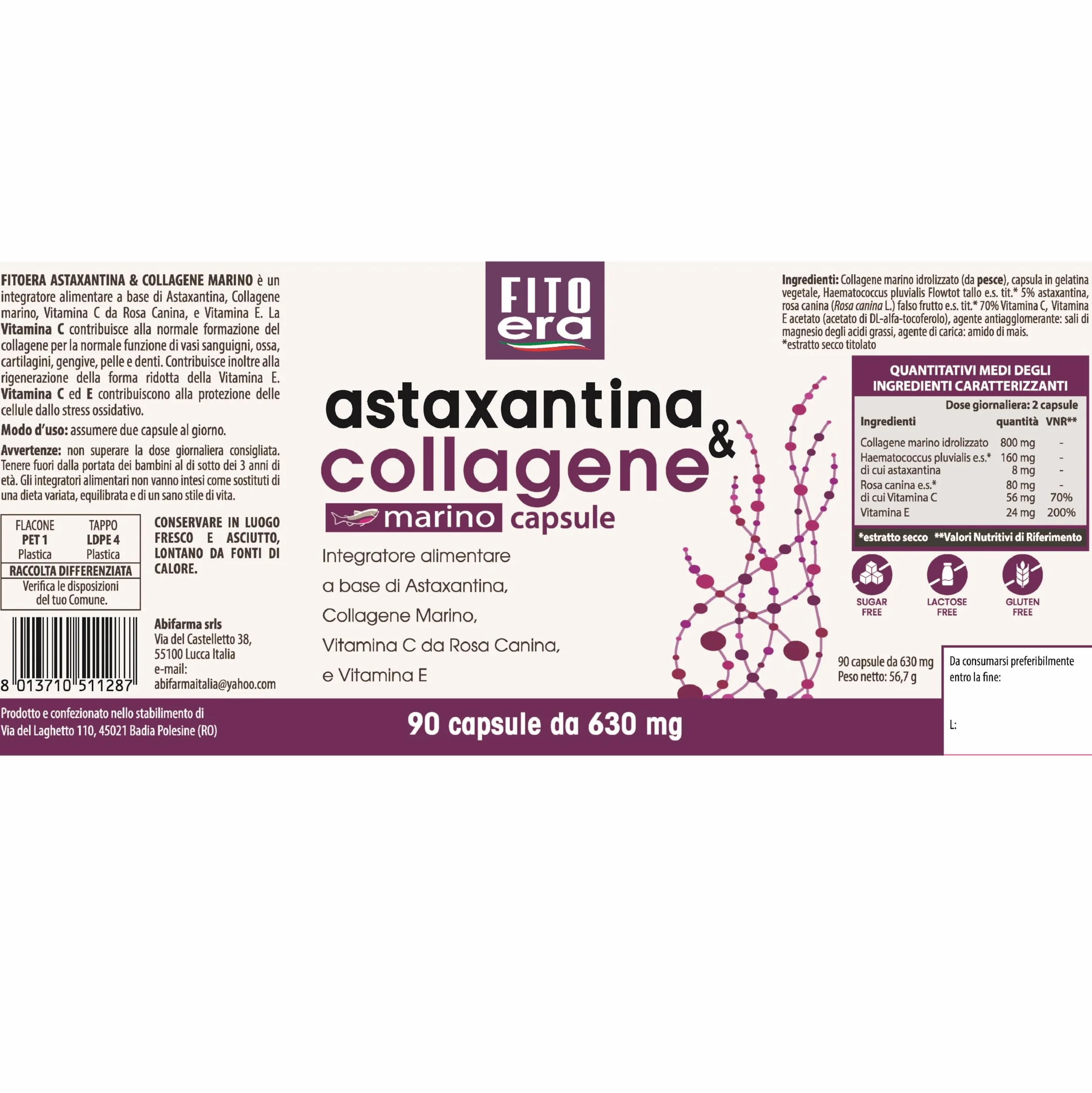 FITOERA Astaxantina Naturale 8 mg + Collagene Marino – Integratore Antiossidante – 90 Capsule Vegetali Made in Italy