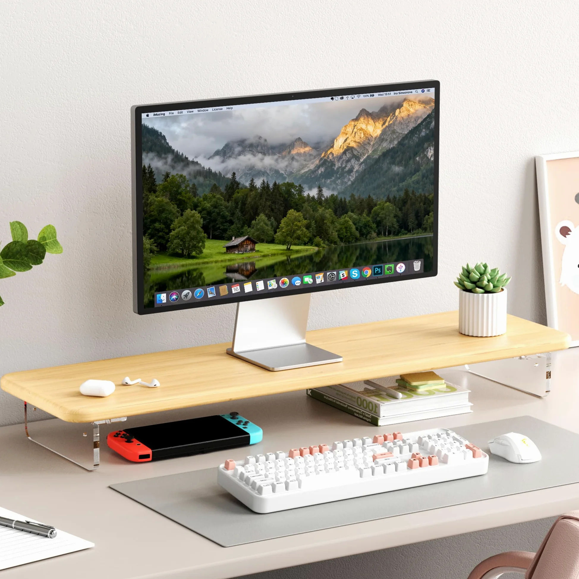 AFOOYO Supporto per monitor, in bambù e acrilico, supporto per monitor del computer con luce a LED, grande supporto per monitor da 31 pollici per scrivania, supporto organizer da scrivania per