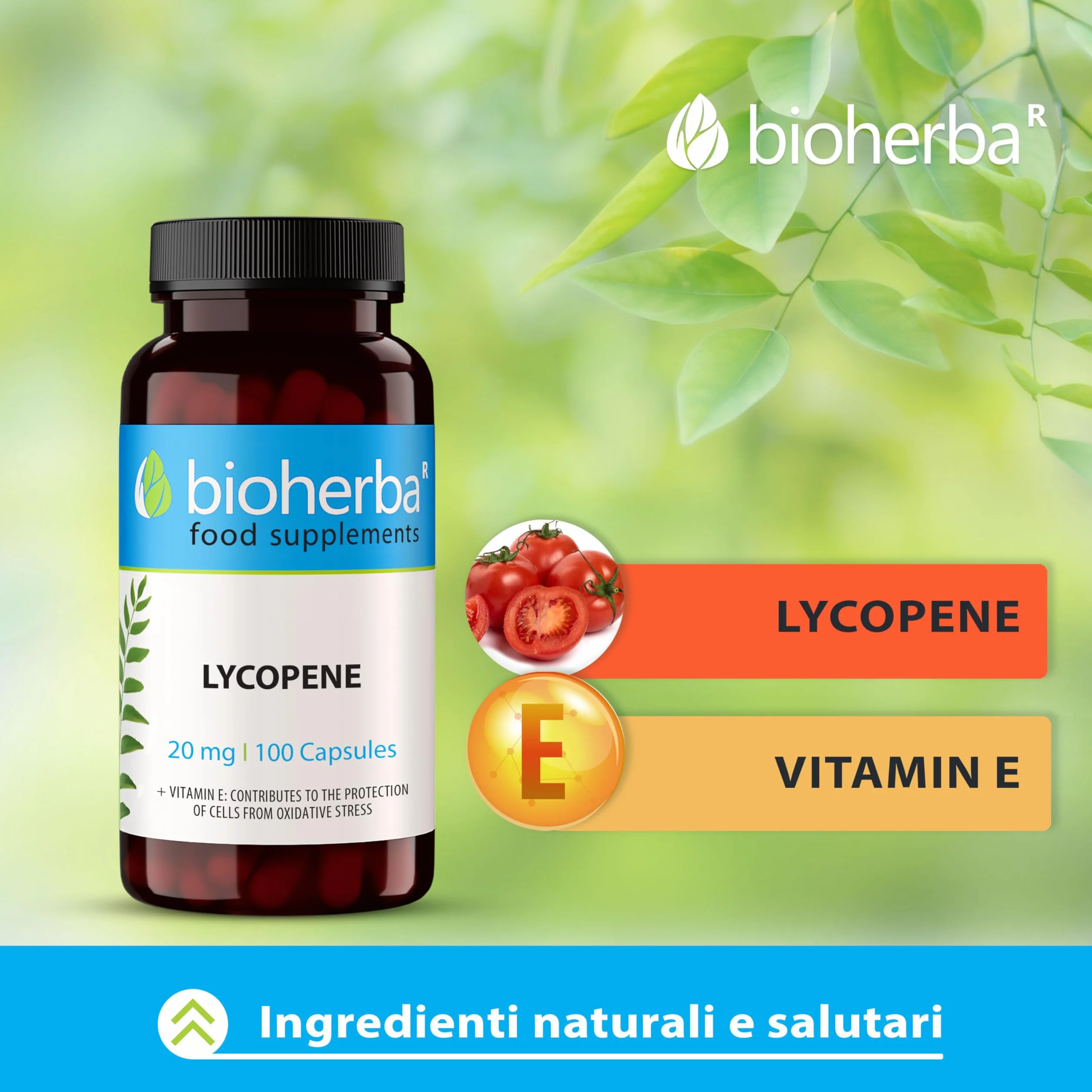Lycopene Capsule 100 con 20 mg di Licopene e Vitamina E da Estratto di Pomodoro BIOHERBA