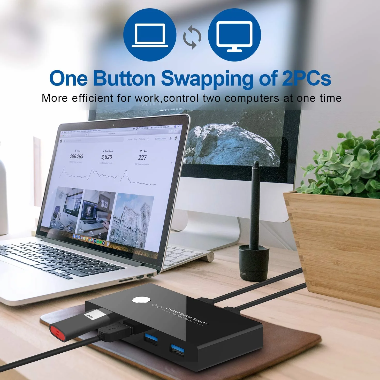 Rybozen USB Switch,KVM Switch usb 3.0 per 2 PC 2 in 4 out, Commutatore USB 2 Ingressi 4 Uscite per Mouse, Tastiera, Scanner, Stampante, Hard Drive,2 Cavi USB 3.0 da 1,5M in Dotazione