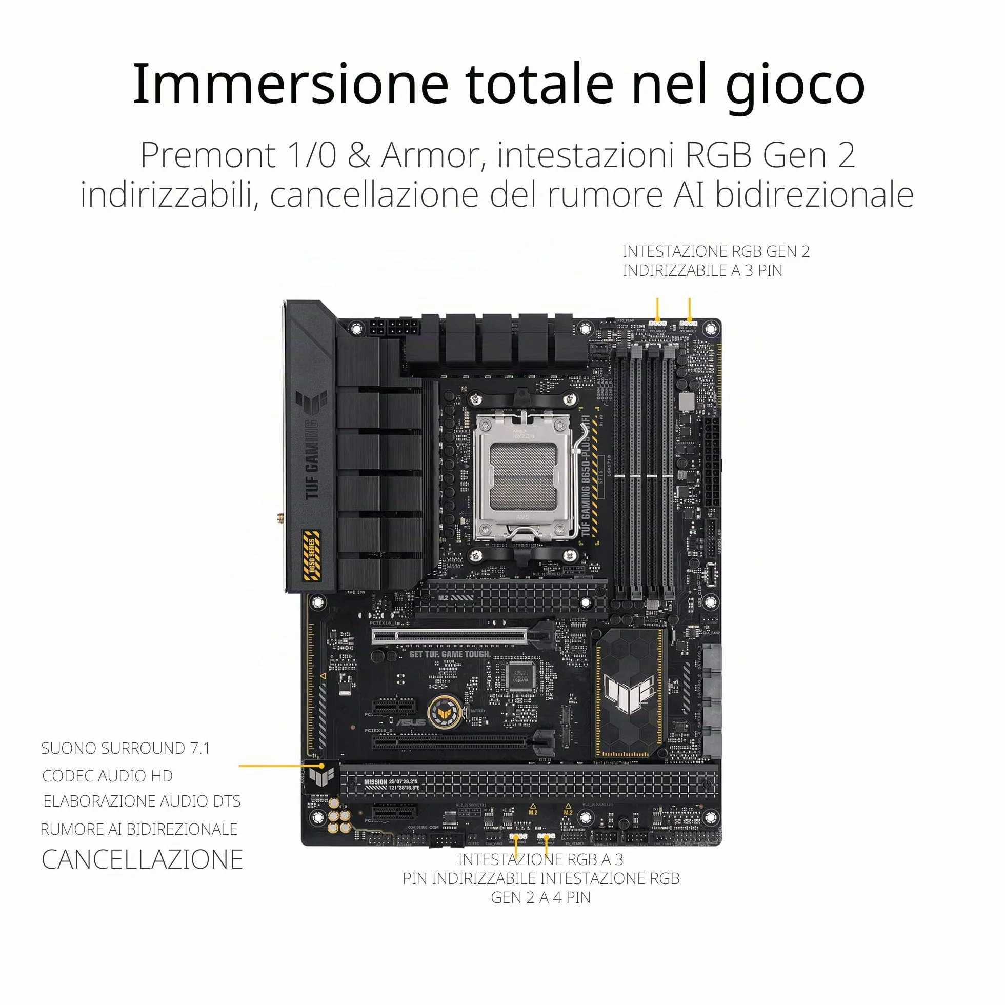 ASUS TUF GAMING B650-PLUS WIFI Scheda Madre Gaming ATX, AM5, Ryzen 9000, 8000, 7000, AMD B650, DDR5, 4xPCI 4.0, WiFi 6 (802.11ax), 2.5Gb Lan, 3xM.2, 4xSATA 6GB/s, Aura Sync RGB, Nero