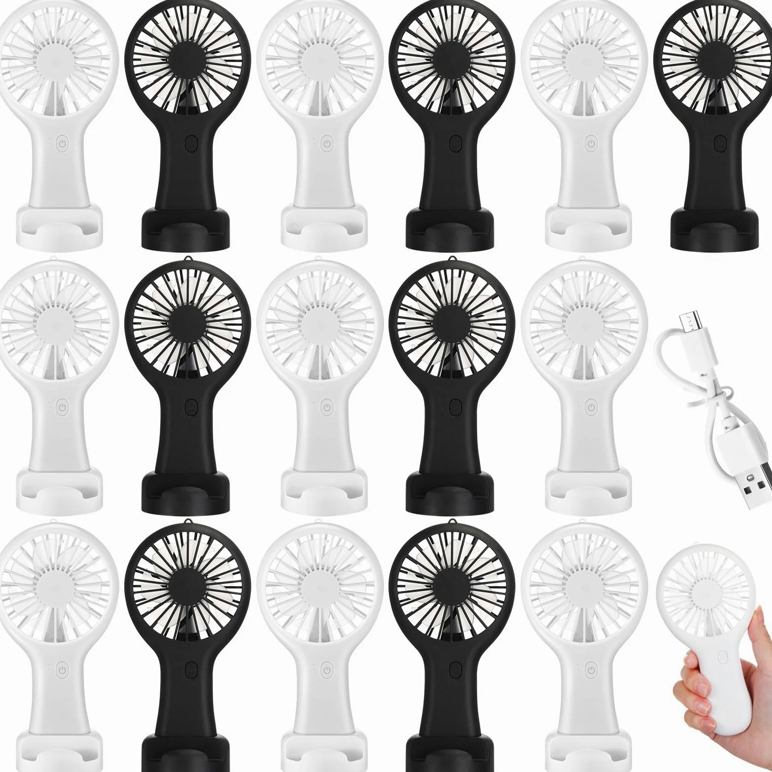 Woanger Confezione da 24 mini ventilatori portatili USB con linea dati, a batteria, ricaricabile, ventilatore elettrico portatile da viaggio (bianco, nero, 3 velocità)