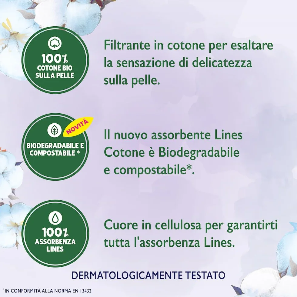 Lines Cotone Natura Ali 12 assorbenti giorno biodegradabili compostabili 100% cotone bio