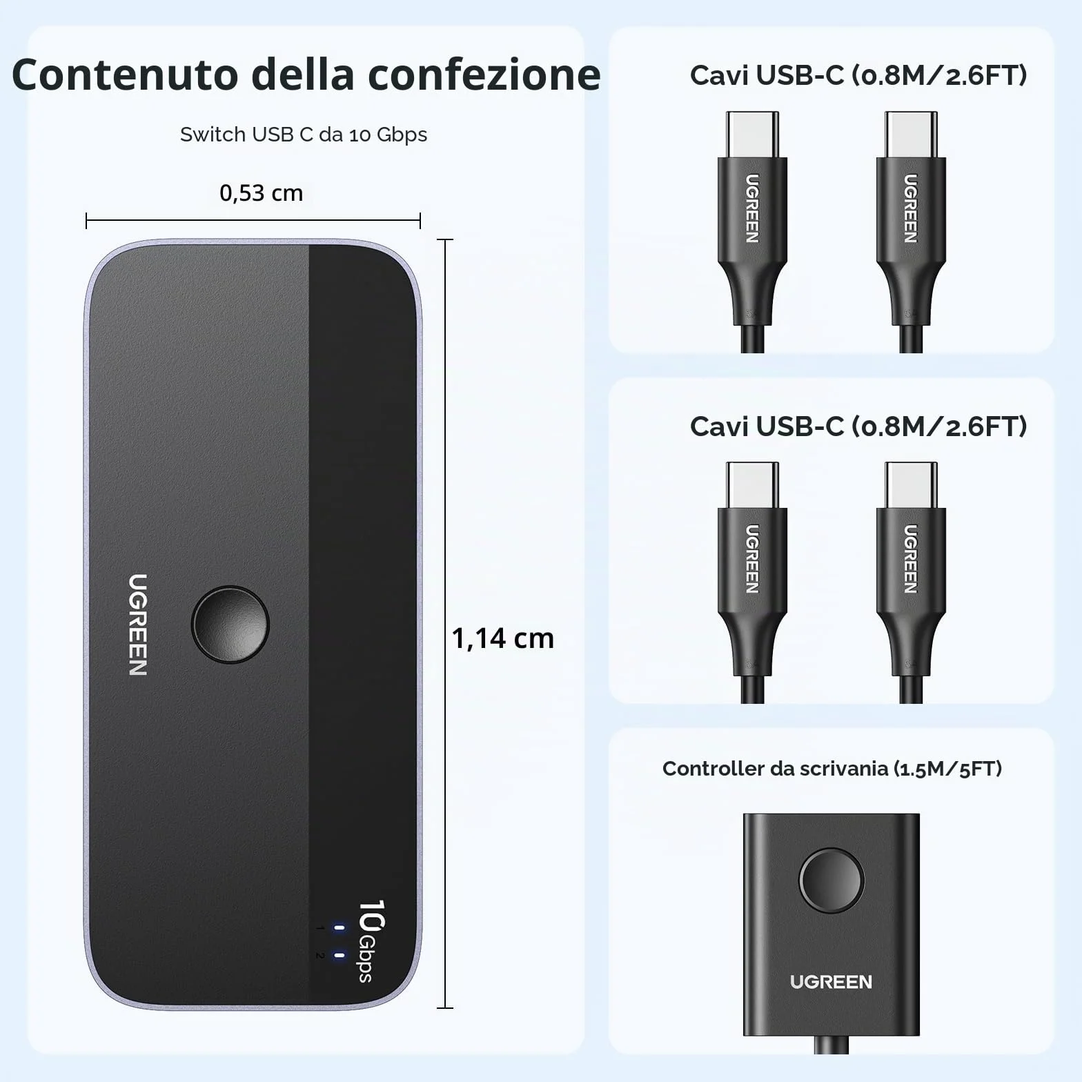 UGREEN Switch USB C 3.2 10Gbps 4 porte Switcher 2 Ingressi 4 Uscite 2 PC KVM Interruttore con Controller Desktop e 2 Cavi Tipo C Inclusi per Tastiera Mouse Stampante Hard Disk Scanner