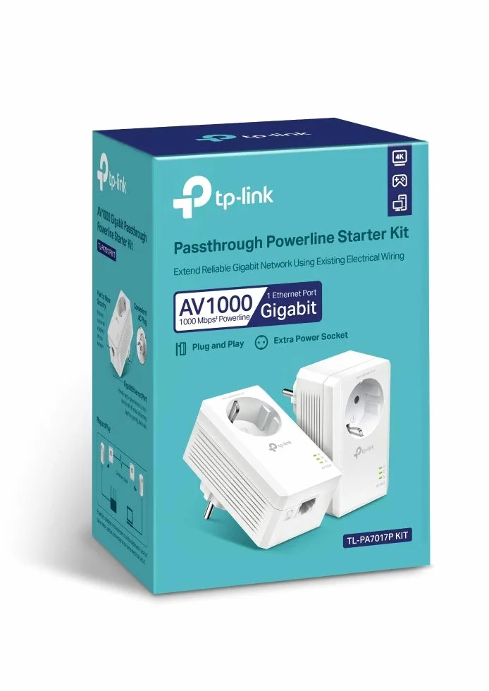 TP-Link TL-PA7017P Kit Powerline con Presa Passante Schuko, AV1000 Mbps su Powerline, 1 Porta Gigabit, Plug and Play