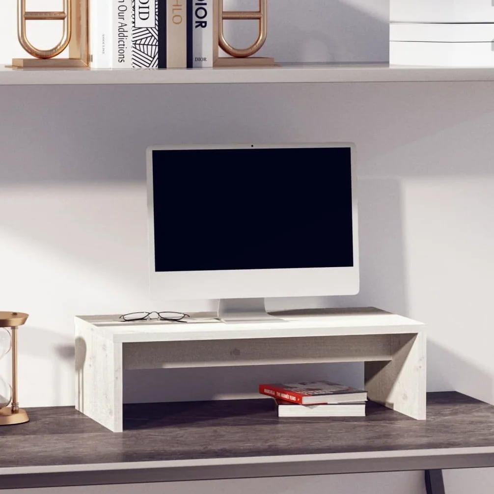 Supporto per monitor bianco, 50 x 27 x 15 cm, in legno di pino massiccio, rialzo per monitor per ufficio e scrivania, supporto ergonomico per monitor