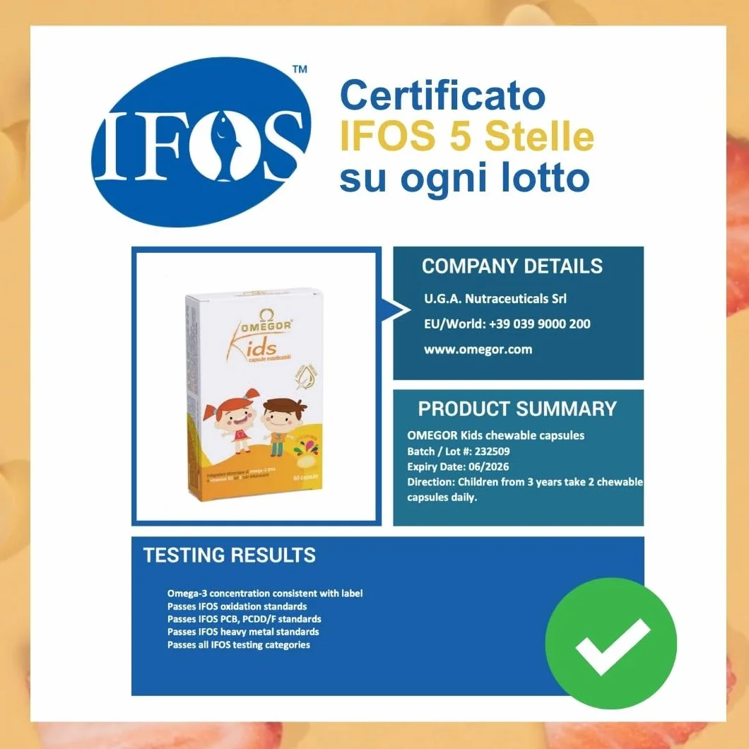Omega 3 Bambini OMEGOR Kids 3+ Anni 60 Capsule Masticabili alla Frutta con Vitamine D3 ed E Ricco di EPA e DHA